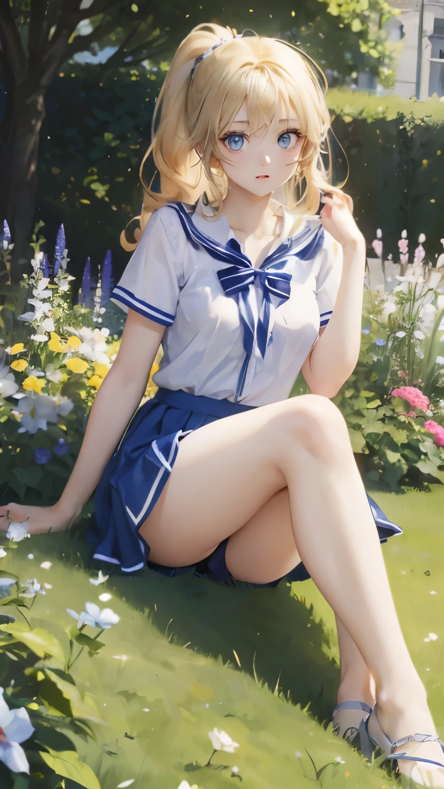 (masterpiece:1.2), (highest quality:1.2),, Curvy but slender body, perfect eyes, perfect face, perfect lighting, 1 girl, in the garden, （Seduce），（feet visible），（sexy），（shorts），（school uniform），（ponytail），curly hair, Fine clothes, Detailed outdoor background, compensate, eye shadow, thick eyelashes, fantasy, looking at the viewer, whole body，alice in wonderland、blue sky、Bright and very beautiful face、young shiny glossy white shiny skin、the best beauty、The most beautiful bright blonde hair in the world、thin hair、long hair、Shining beautiful bangs、Glowing crystal clear big blue eyes、Very beautiful and lovely 18 years old, the most beautiful girl in the world、small breasts