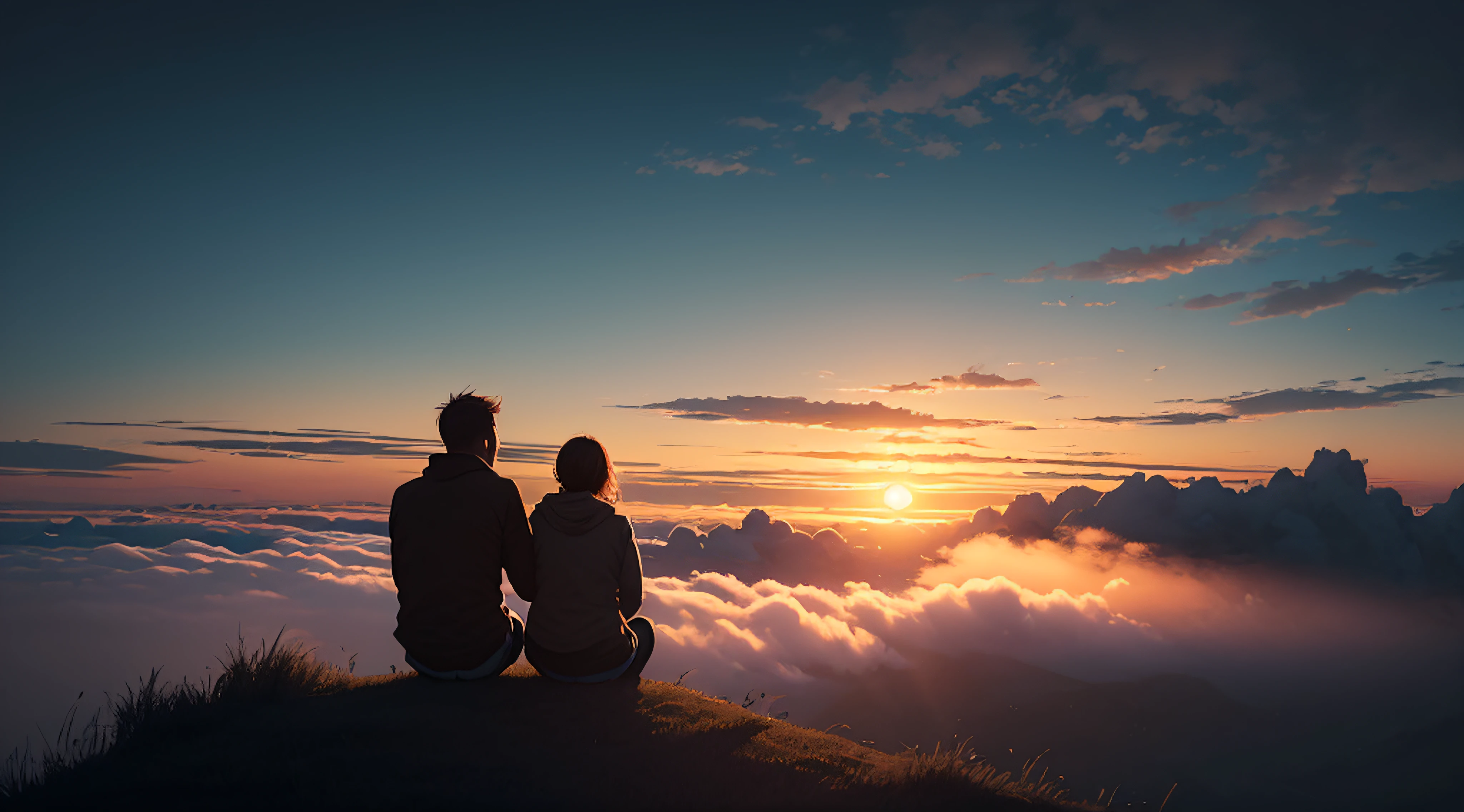 (sunraise:1.5), A couple sitting on the top of a hill, (ultra-detailed:1.5), 32k, cinematic angle, floating, (detailed light), beautifully detailed sky, (lighting particle), fog, snow, (painting), (sketch), lifelike texture, Hires upscale: 1.7, Hires upscaler: 4x_NMKD-Siax_200k, Denoising strength: 0.45, (illustration), cinematic lighting, (bloom), Luminism, silhouette, backlighting, drop shadow, Ultra-Wide Angle