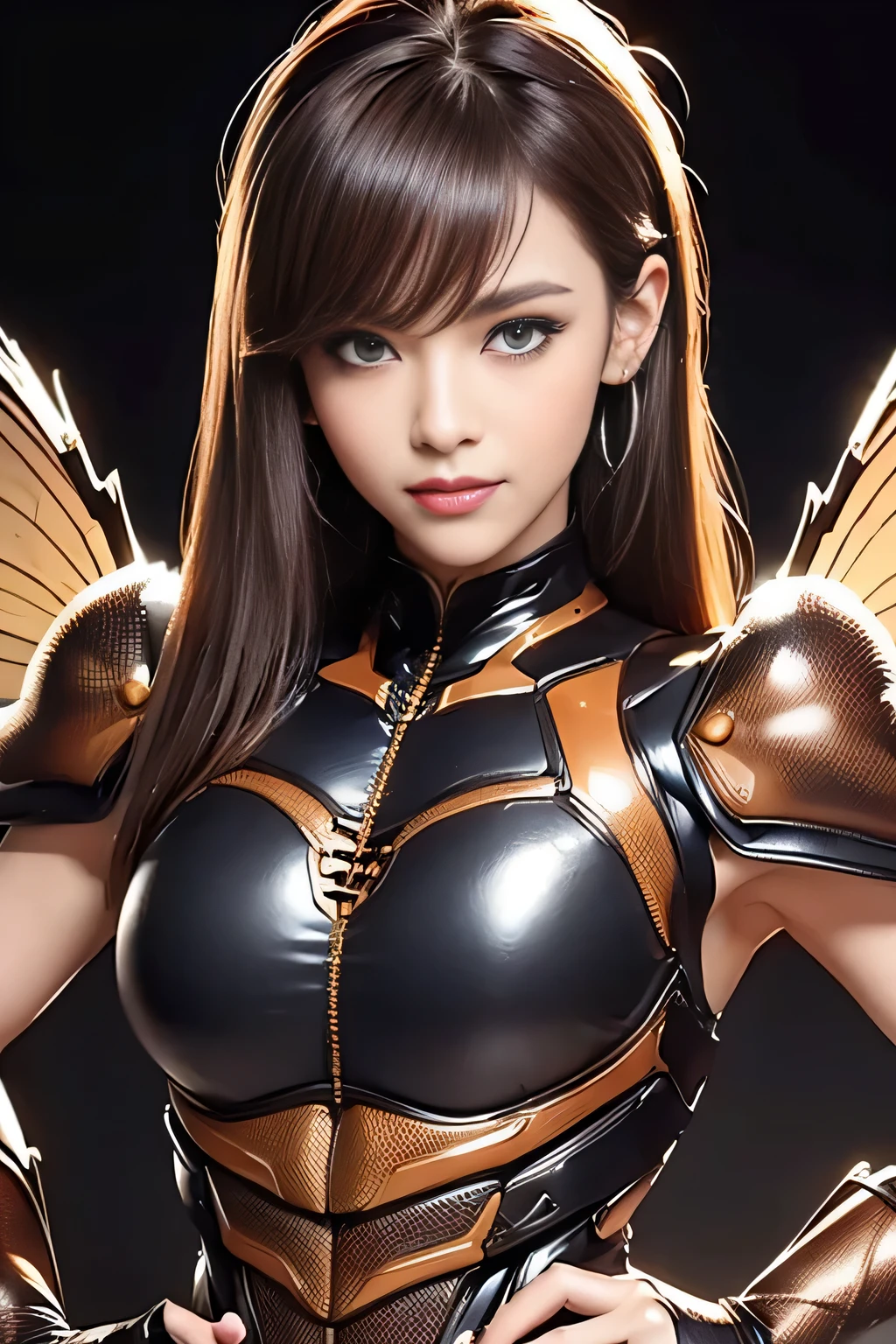 (High resolution,masterpiece,highest quality,Very detailed CG, anime, official art:1.4), realistic, photograph, amazing detail, all complicated, luster and luster,great many layers, 8k wallpaper, 3D, sketch, cute, figure,( alone:1.4), perfect female proportions,villain&#39;s daughter, (Fusion of dark brown cockroach and lady:1.4), (brown cockroach form lady:1.2), (brown cockroach woman:1.2), (Fusion:1.2), (alone:1.4), (evil smile:1.2), muscular, abs, (Cockroach brown exoskeleton bio insect suit:1.4), (Cockroach brown exoskeleton bio insect armor:1.2), (brown transparent cockroach feathers:1.4), (brown cockroach antenna:1.3),