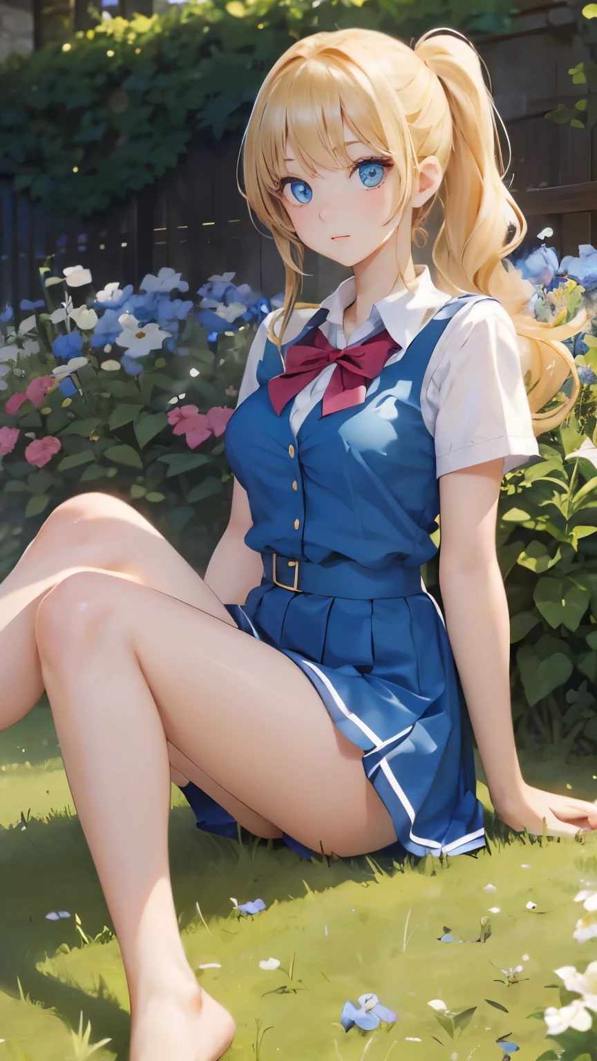 (masterpiece:1.2), (highest quality:1.2),, Curvy but slender body, perfect eyes, perfect face, perfect lighting, 1 girl, in the garden, （Seduce），（feet visible），（sexy），（shorts），（school uniform），（ponytail），curly hair, Fine clothes, Detailed outdoor background, compensate, eye shadow, thick eyelashes, fantasy, looking at the viewer, whole body，alice in wonderland、blue sky、Bright and very beautiful face、young shiny glossy white shiny skin、the best beauty、The most beautiful bright blonde hair in the world、thin hair、long hair、Shining beautiful bangs、Glowing crystal clear big blue eyes、Very beautiful and lovely 18 years old, the most beautiful girl in the world、small breasts