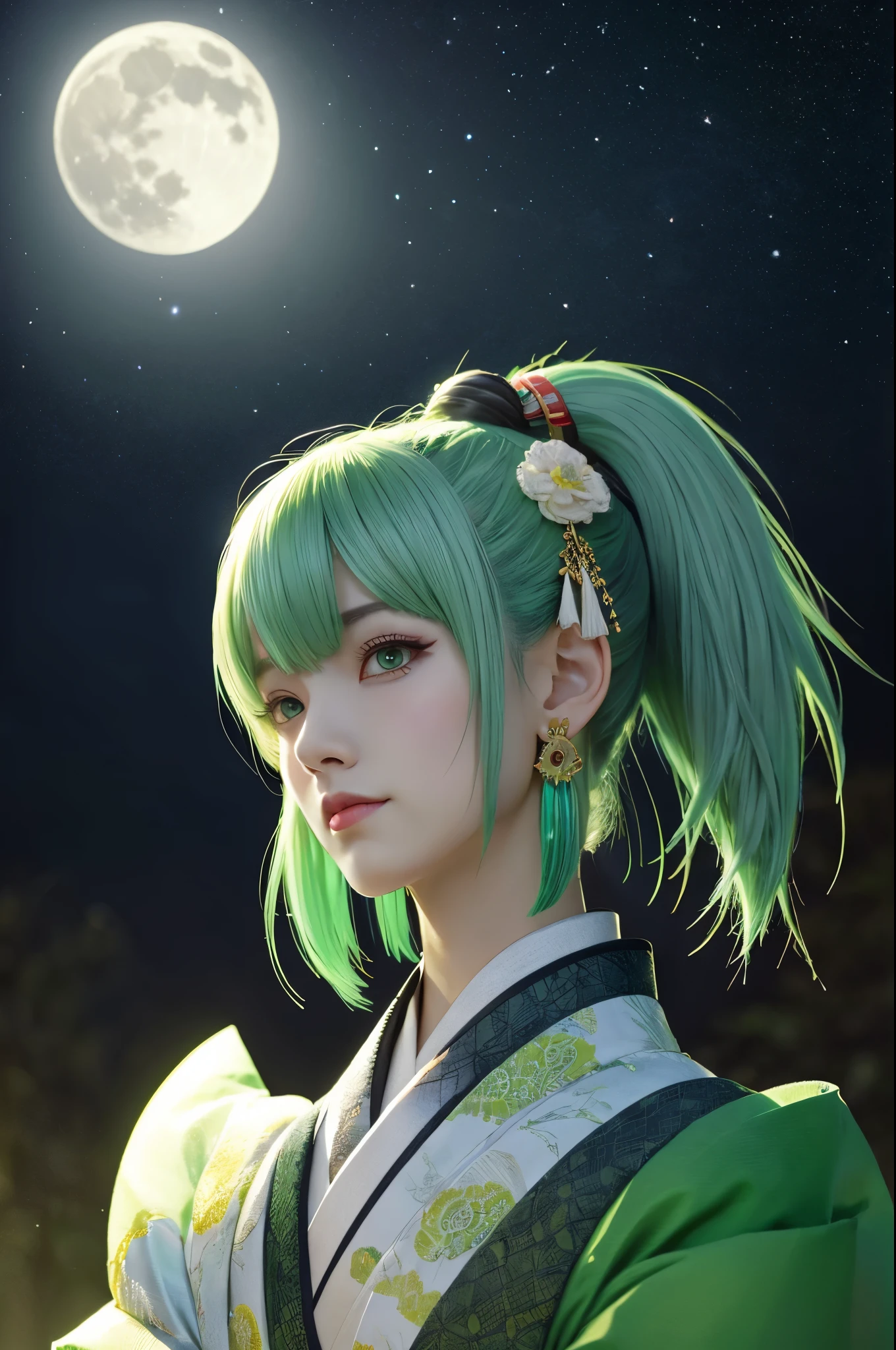1 girl, Yamato_5000, gray hair, green hair, gradient hair, horn, wano style, ring earrings, ((masterpiece)), ((highest quality)), very detailed, bloom, kimono, Traditional costume, Depth of bounds written, sketch, dark intense shadow, sharp focus, soft lighting, darkness, good composition, alone, outdoor, moon at night, from below, Upper body, There is light from behind,