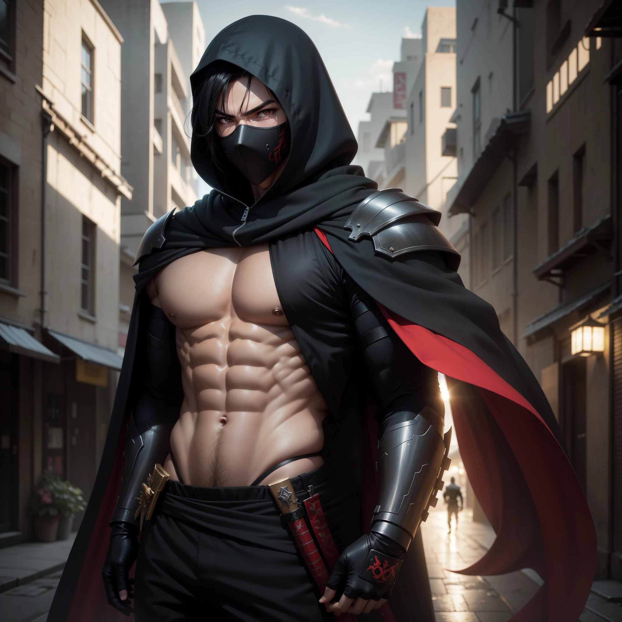 The highest quality, the perfect masterpiece, perfect art, 8K, 1male, super hero, Japanese, black hair, long black cape, black hood, night, katana on the back, serious, cold, ninja mask in the mouth, red eyes, pistols at the waist, on top of a building, vigilant, trained physique, ninja style, black clothing all over the body, agile, chest and shoulder armor,  Anime, no ears