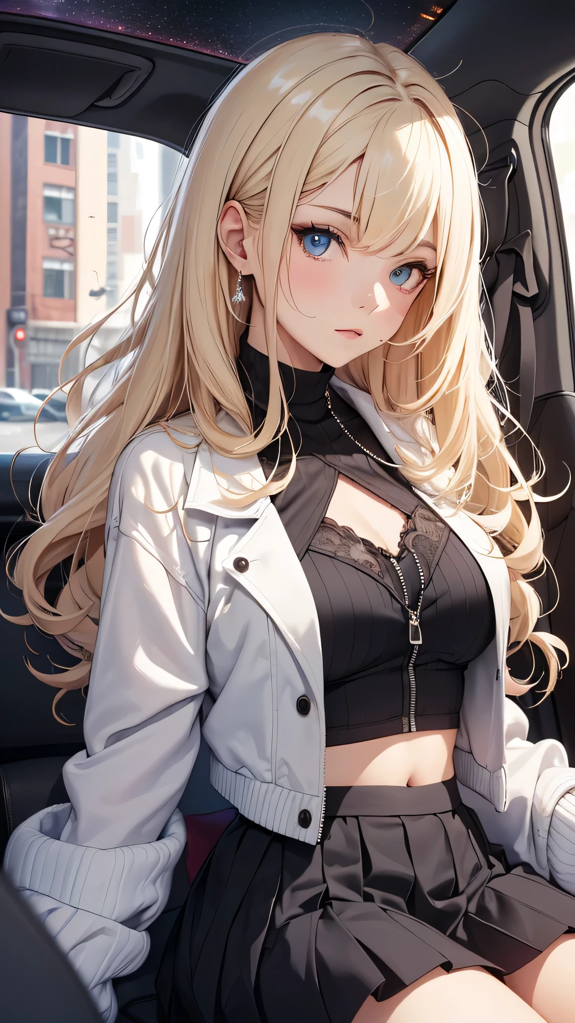 最high quality、best image quality、masterpiece、age girl((20-year-old、 By becoming、vest bust、medium bust,wide open breast tea、black eye, blonde hair、long hair、thin,highest valley、white jacket、blue short skirt,chest、take off your clothes、black shirt)),high quality、beautiful art、background((sedan、inside the car,encrusted diamonds))debris flies、Depth of written boundary、movie、visual art、perfect art、8K,genuine