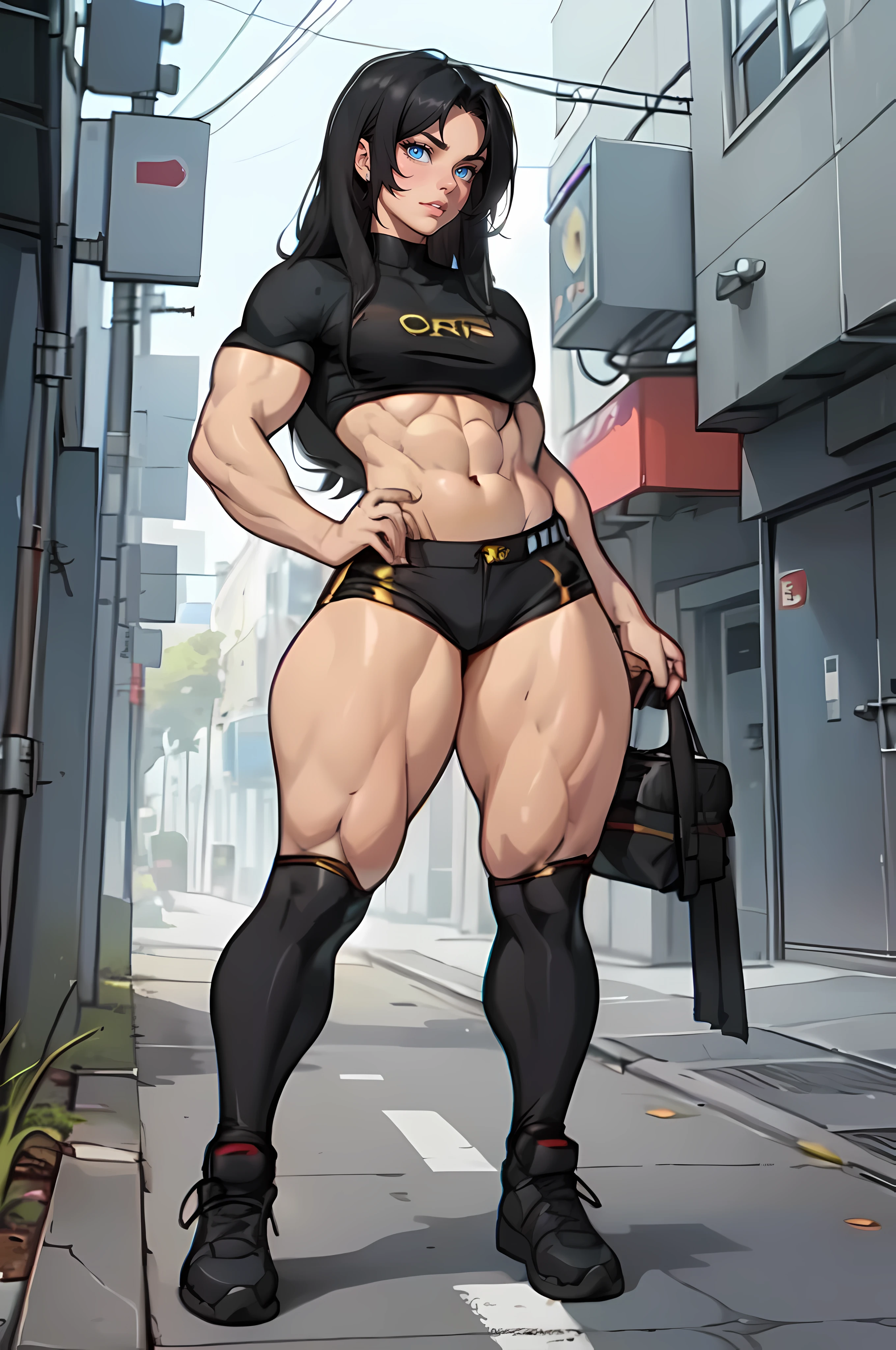 (((((muscular 1girl))))) ((((thick thighs toned body small breasts)))) (pale skin) black hair yellow eyes very long hair ((full body)) tight shirt tight pants