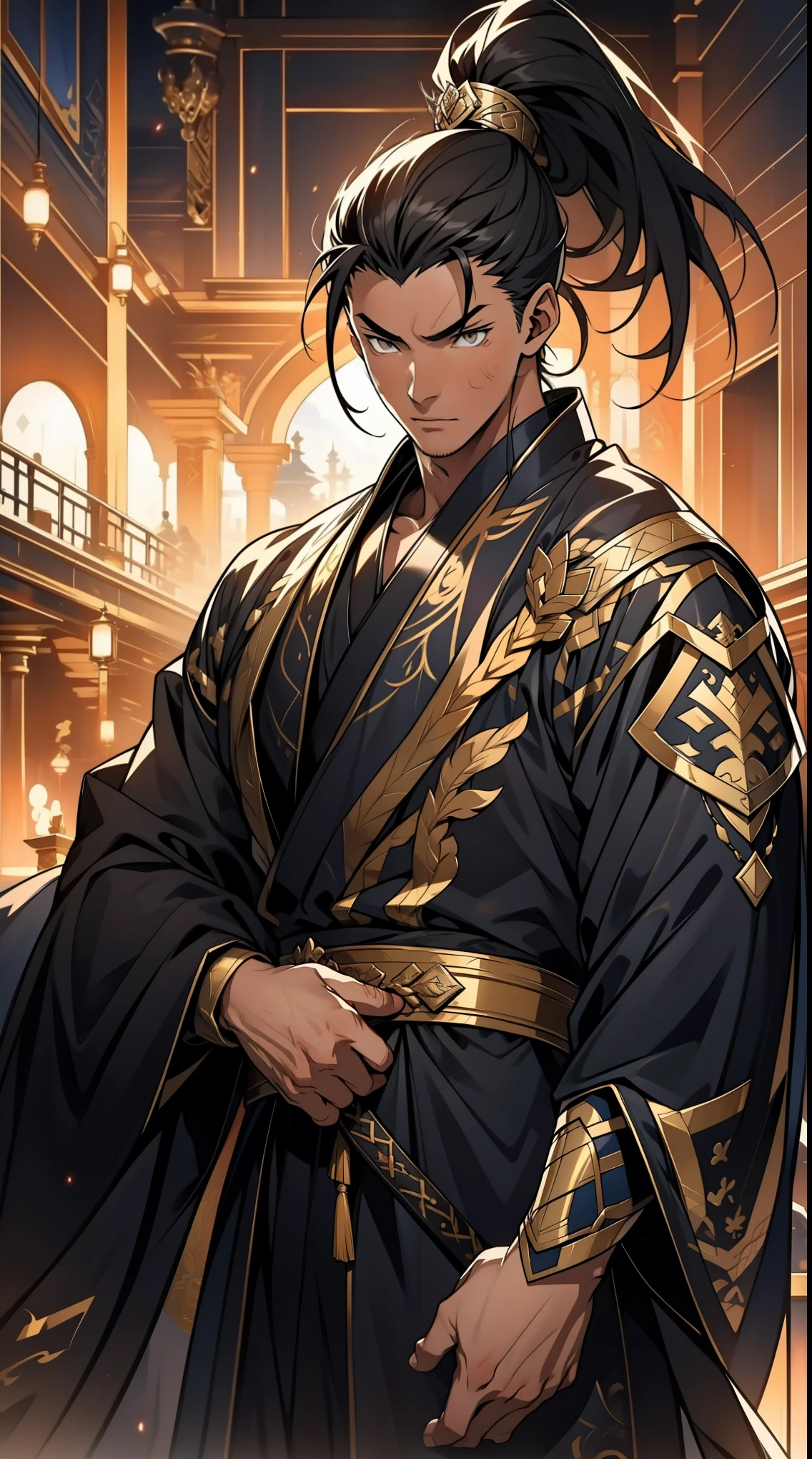 Two dimensions,anime style,one person(male warrior),proportions are correct,facial details,swordsman,high ponytail hairstyle,neck detail,Have an Adam's apple,Black and gold robe,joke,Black and gold robe,clothing details,Hand over,long sleeves,Game quality,fencing,Ray tracing,Ray tracing,Detailed glow,CG rendering,hair details,Long black and blond hair,Black-gold eyes,Handsome,Handsome,(Youthful feeling),Clothing is complicated,Perfect composition,refine,high quality,higher details,many details,Complex background,a sense of atmosphere,