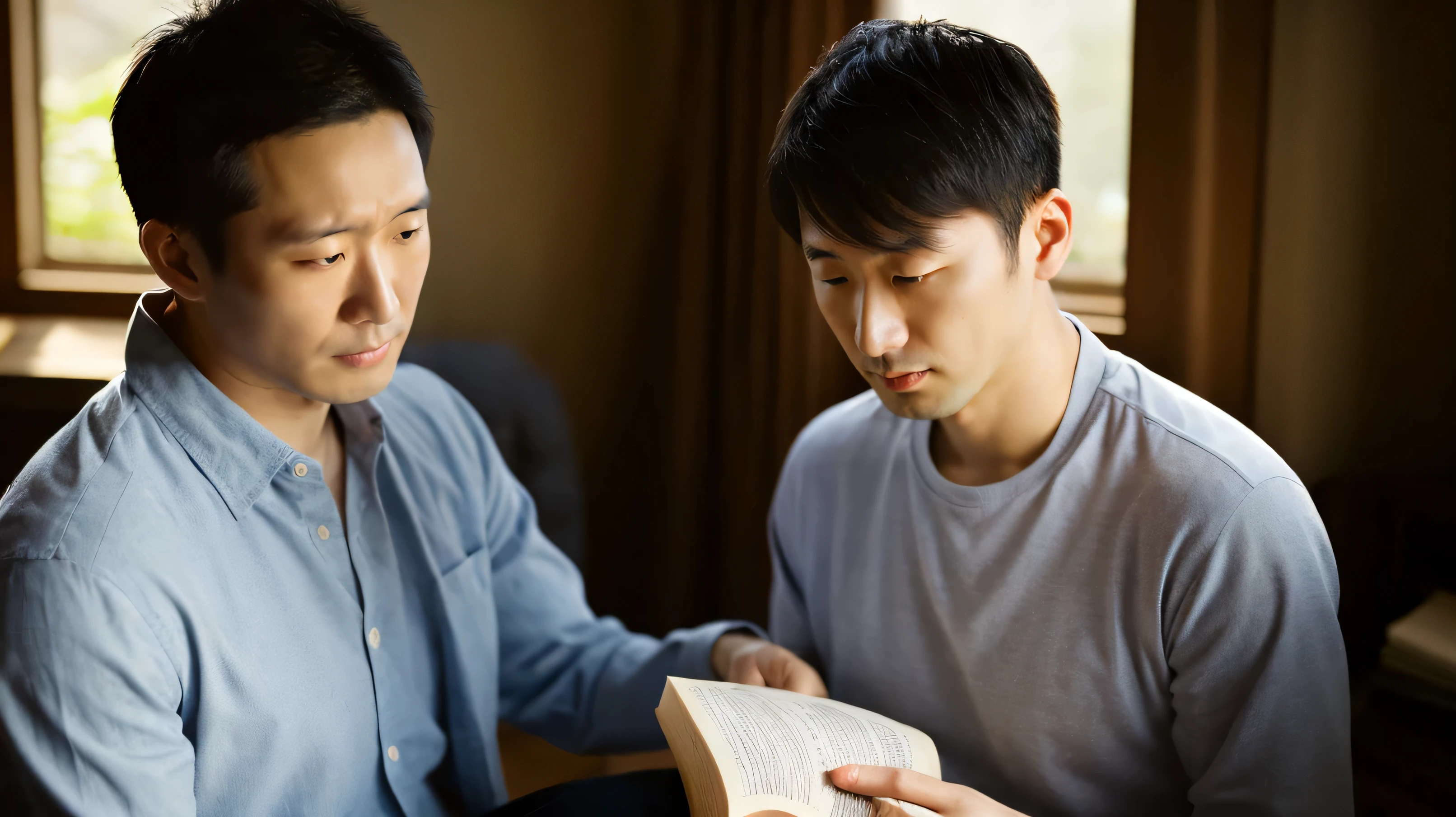 middle-aged man reading the bible、study、Calm atmosphere、warm light、High resolution