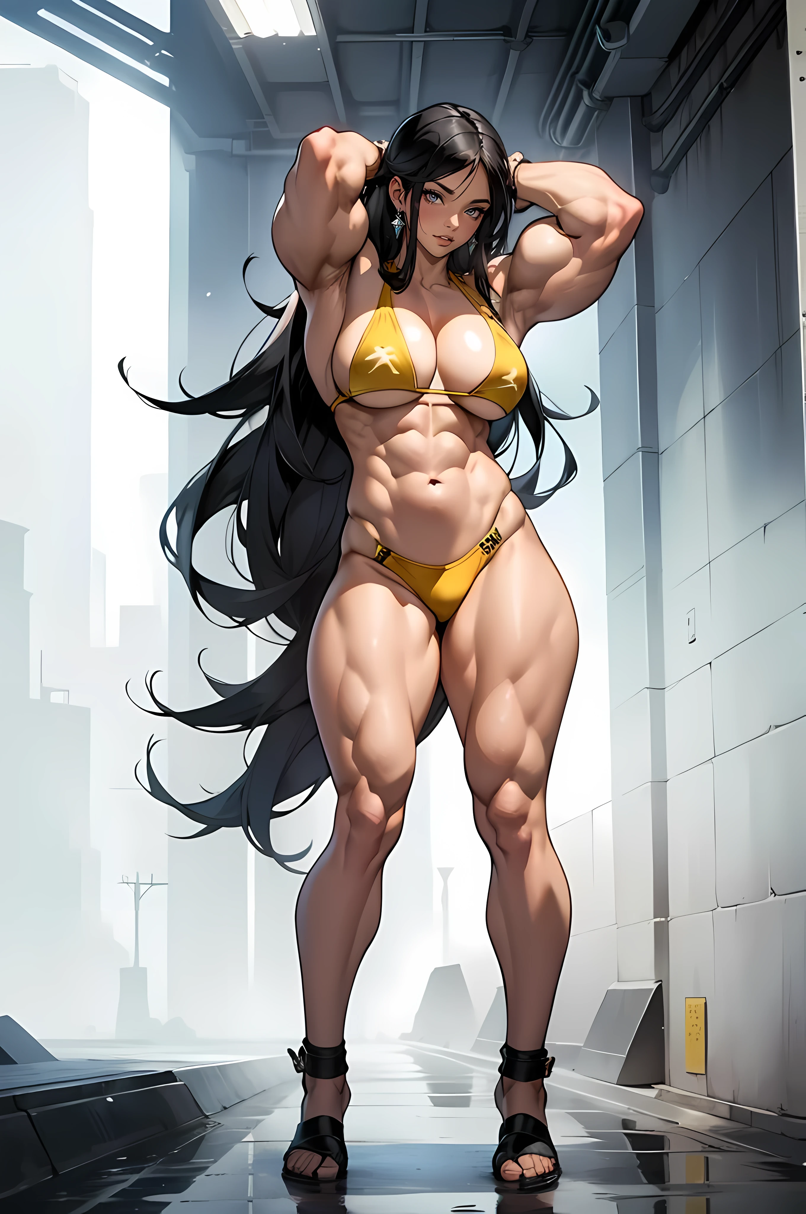 (((((1 girl))))), black hair, yellow eyes, very long hair, ((((Muscular Quadriceps)))), ((((((muscular)))))), tall, pale skin, micro bikini, ((full body)), (solo), arms over head, wide hips, thick thighs, large breasts