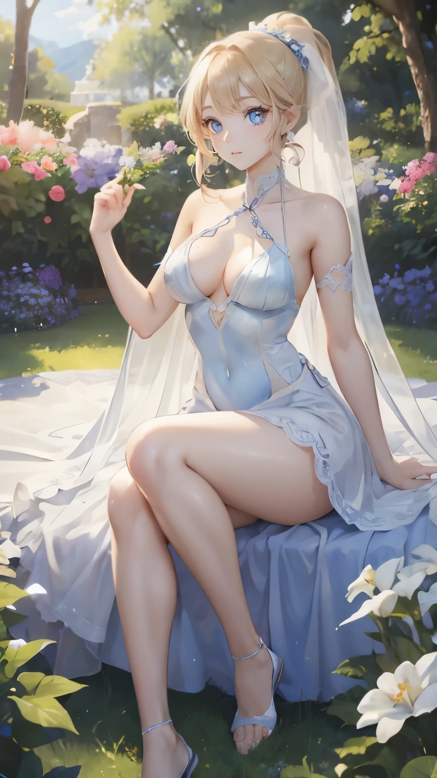 (masterpiece:1.2), (highest quality:1.2),, Curvy but slender body, perfect eyes, perfect face, perfect lighting, 1 girl, in the garden, (M-shaped legs),(feet visible),(sexy),(shorts),(Wedding dress),(ponytail),curly hair, Fine clothes, Detailed outdoor background, compensate, eye shadow, thick eyelashes, fantasy, looking at the viewer, whole body,alice in wonderland、blue sky、Bright and very beautiful face、young shiny glossy white shiny skin、the best beauty、The most beautiful bright blonde hair in the world、thin hair、long hair、Shining beautiful bangs、Glowing crystal clear big blue eyes、Very beautiful and lovely 18 years old, the most beautiful girl in the world、small breasts