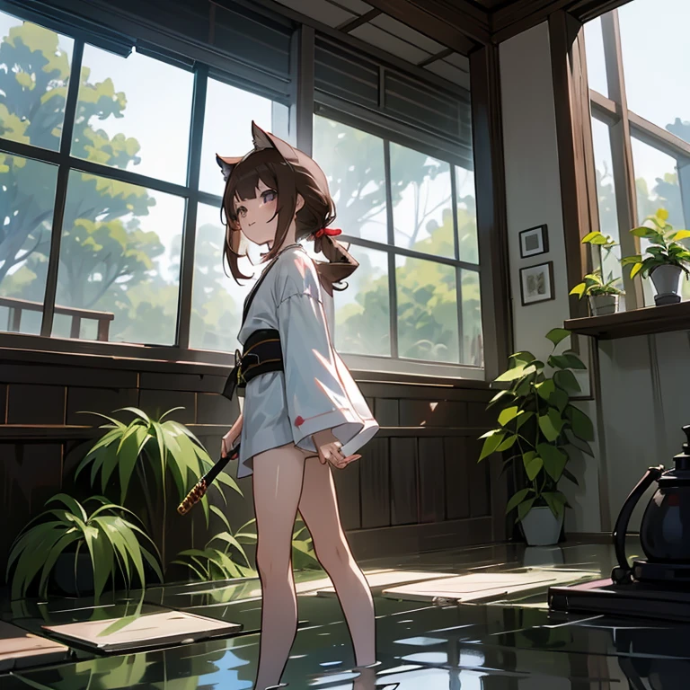 masterpiece, 最high quality, high quality, Highly detailed 8K wallpaper, landscape, indoor,Japanese-style house {{{festival, ポスト荘厳なlandscape, Desolate and eerie atmosphere, collapsed building, overgrown plants, Undeservedly beautiful, dramatic lighting, Scattered debris, A sense of mystery and melancholy.a destroyed world}}}、girl、Cat ear、brown hair、long hair、small、7 years old、cute、yukata、Large sword、{Perfect thigh exposure lineup: 1.0},barefoot, {貧乳1:1}, {bust1:1}、yukataのみ、{yukata, No underwear, 完璧なBare skin，: 1.2}、fun、Bare skin、fair skin、{Wet skin｝、{Revealing clothing｝、{short clothes｝、{perfect face shape 1:4｝、{Light floating in the background 1:2｝、From the side、walk、whole body、{accurate limbs｝、amaryllis、Kaneki rhinoceros、Camellia、