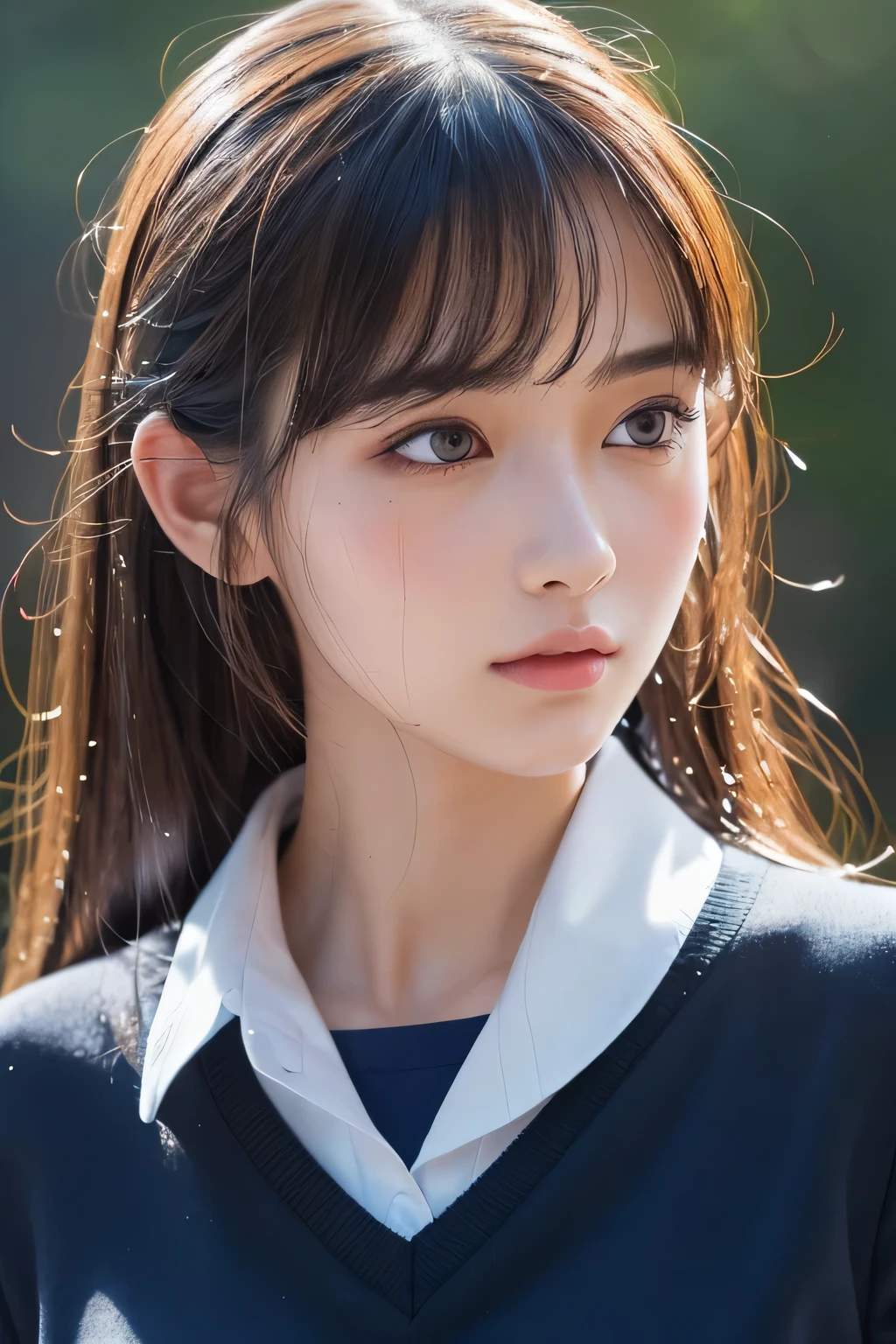 (surreal), (8K), (very detailed), (best illustrations), (beautiful and detailed eyes), (highest quality), (Super detailed), (masterpiece), (wallpaper), (detailed face), alone, 1 girl, 26 years old, 1 hour drawing challenge, wet sweat, (school uniform:1.3), looking at the audience, exquisite details, detailed faces, ,Pure erotic face ace_ v1,