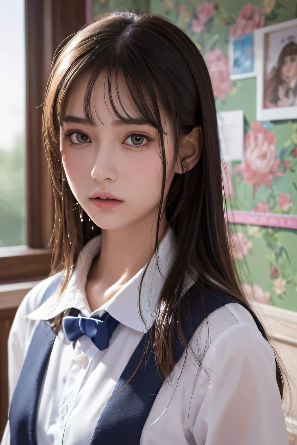 (surreal), (8K), (very detailed), (best illustrations), (beautiful and detailed eyes), (highest quality), (Super detailed), (masterpiece), (wallpaper), (detailed face), alone, 1 girl, 26 years old, 1 hour drawing challenge, wet sweat, (school uniform:1.3), looking at the audience, exquisite details, detailed faces, ,Pure erotic face ace_ v1,
