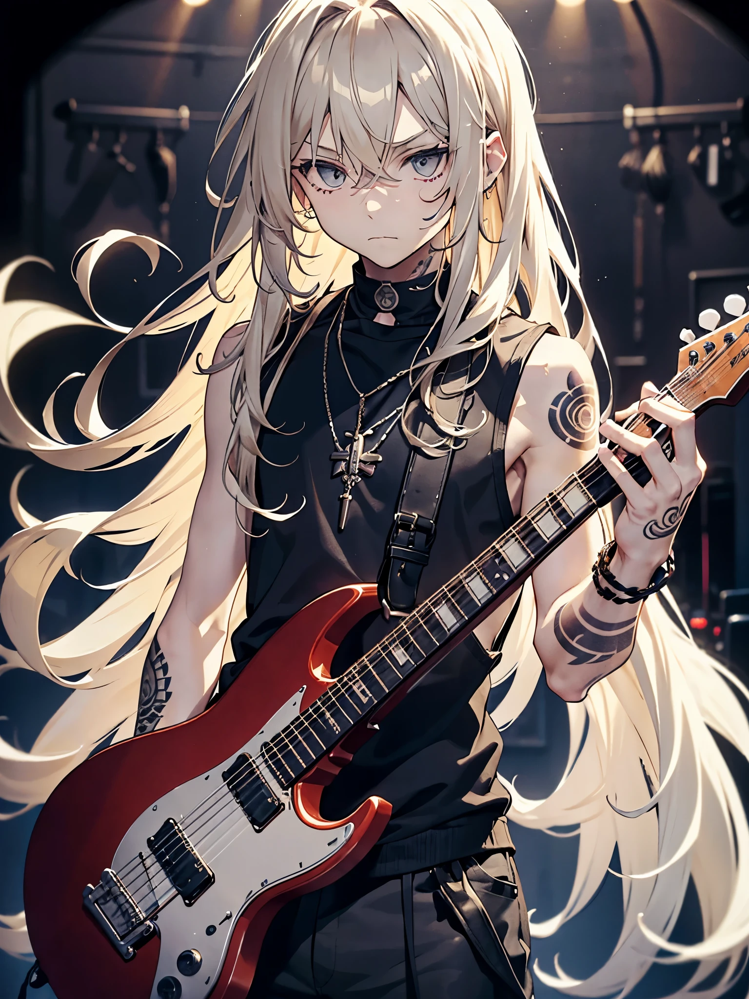 Blonde boy,curls,long hair,Neutral in appearance,Standing in a dark rehearsal room,carrying guitar,Wear a black vest,There are a lot of tattoos on the arms,gloomy expression,masterpiece,best quality,gray kilt,rock,Hair a little messy,individual,Silver necklace hanging around the neck