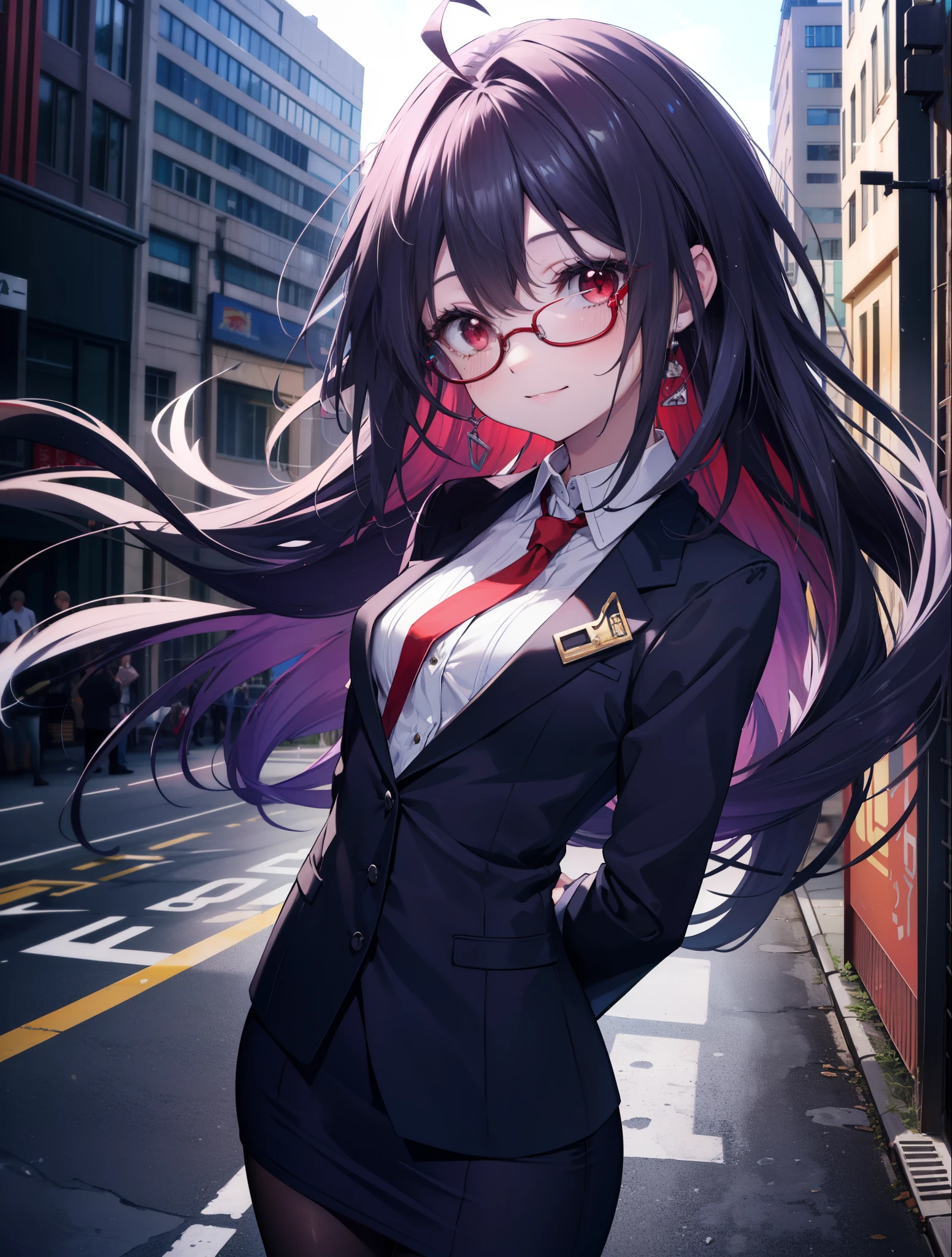 yuukikonno, Yuki Konno, hair band, long hair, purple hair, (red eyes:1.5), (small breasts:1.2), Ahoge,close your mouth,animal ears　dog ears,animal tail　dog tail,OL, red glasses, Fundo, black suit jacket, collared jacket, white dress shirt, collared shirt, neckline, button, strap, ID card on neck, black pencil skirt, black pantyhose, stiletto heels,place your arms behind your back,smile, blush, morning,morning日
break looking at viewer, 上から見下ろす
break outdoors, city,building street,
break (masterpiece:1.2), highest quality, High resolution, unity 8k wallpaper, (shape:0.8), (beautiful and detailed eyes:1.6), highly detailed face, Always thin fingers,perfect lighting, Very detailed CG, (perfect hands, perfect anatomy),