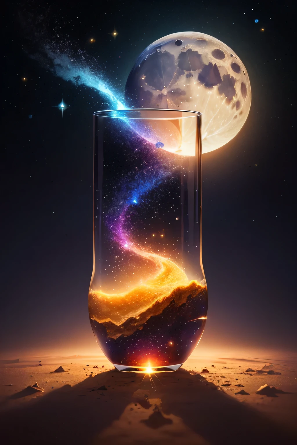 moon in glass The background is space colorful light particles High quality, high resolution fantasy