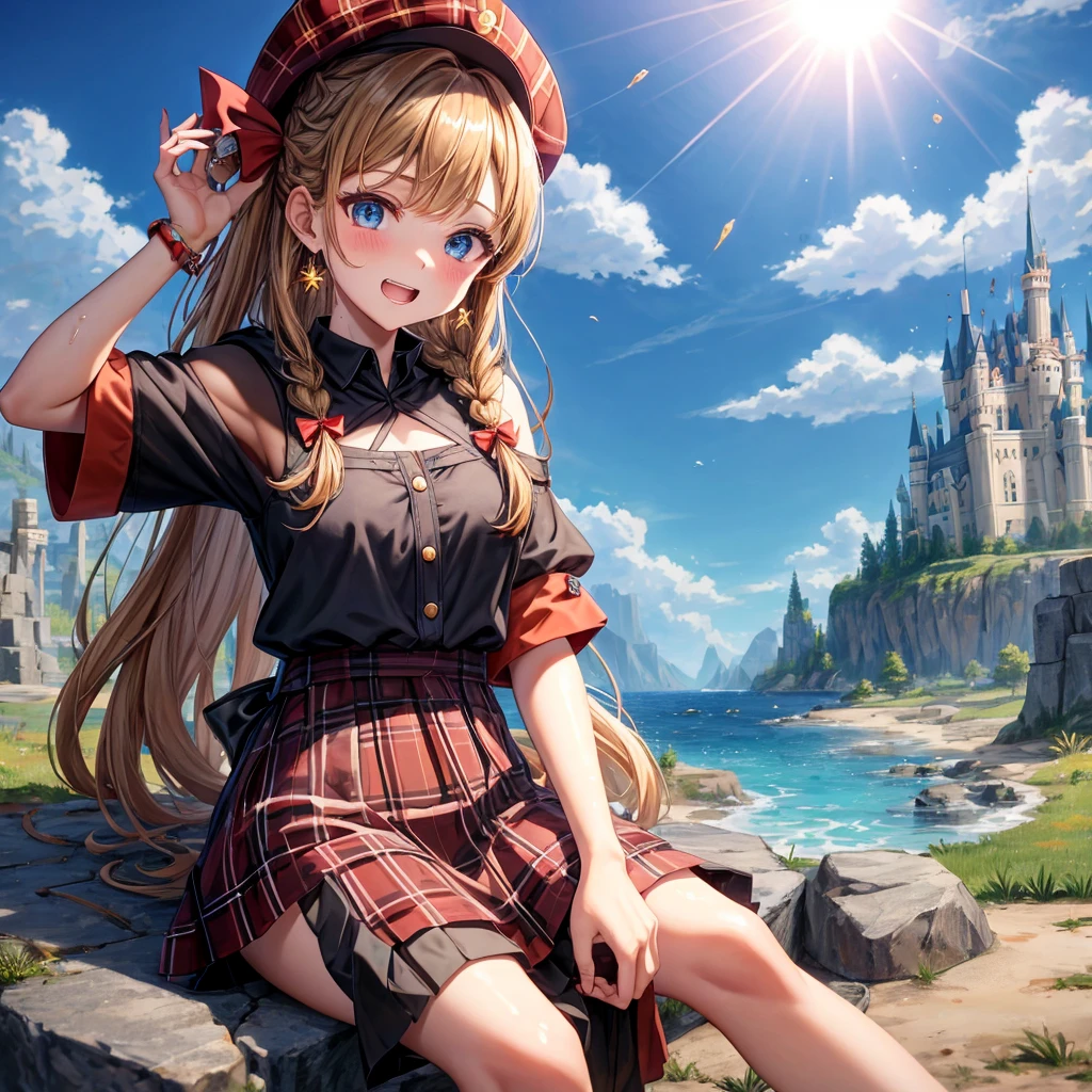 reddish-brown blonde、blue eyes、Braid、ponytail、one good looking girl、solo、anime、Plaid miniskirt、the skirt has buttons、camisole、black t-shirt、dress、Doing the ribbon、Ribbon at waist、cloak、Crystal Grotto、hood、desert、clouds are swirling、stone slabs are piled up、one hand raised、Wearing a baseball cap 、crystal earrings、sun、sitting、gold coins are falling、teeth are visible、splash of water、monster castle、have a world map、bow、Swing