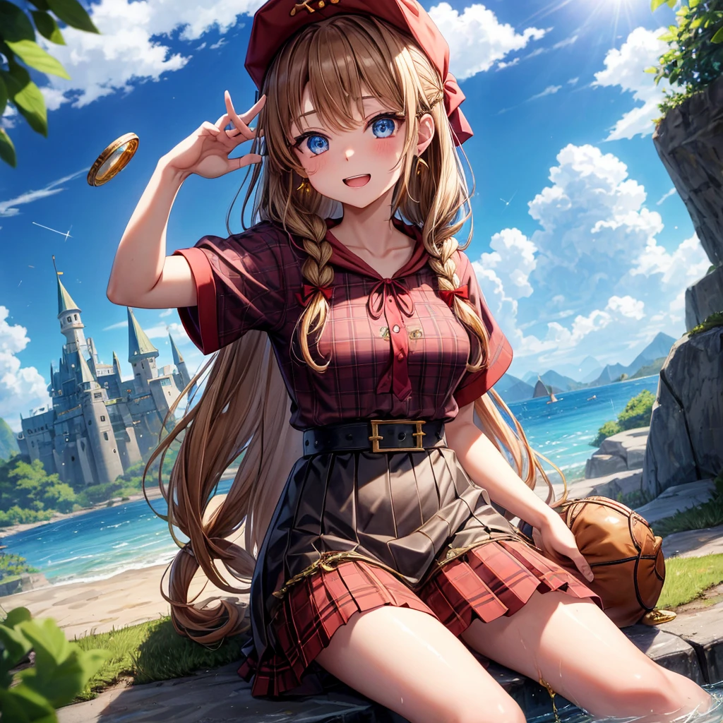 reddish-brown blonde、blue eyes、Braid、ponytail、one good looking girl、solo、anime、Plaid miniskirt、the skirt has buttons、camisole、black t-shirt、dress、Doing the ribbon、Ribbon at waist、cloak、Crystal Grotto、hood、desert、clouds are swirling、stone slabs are piled up、one hand raised、Wearing a baseball cap 、crystal earrings、sun、sitting、gold coins are falling、teeth are visible、splash of water、monster castle、have a world map、bow、Swing