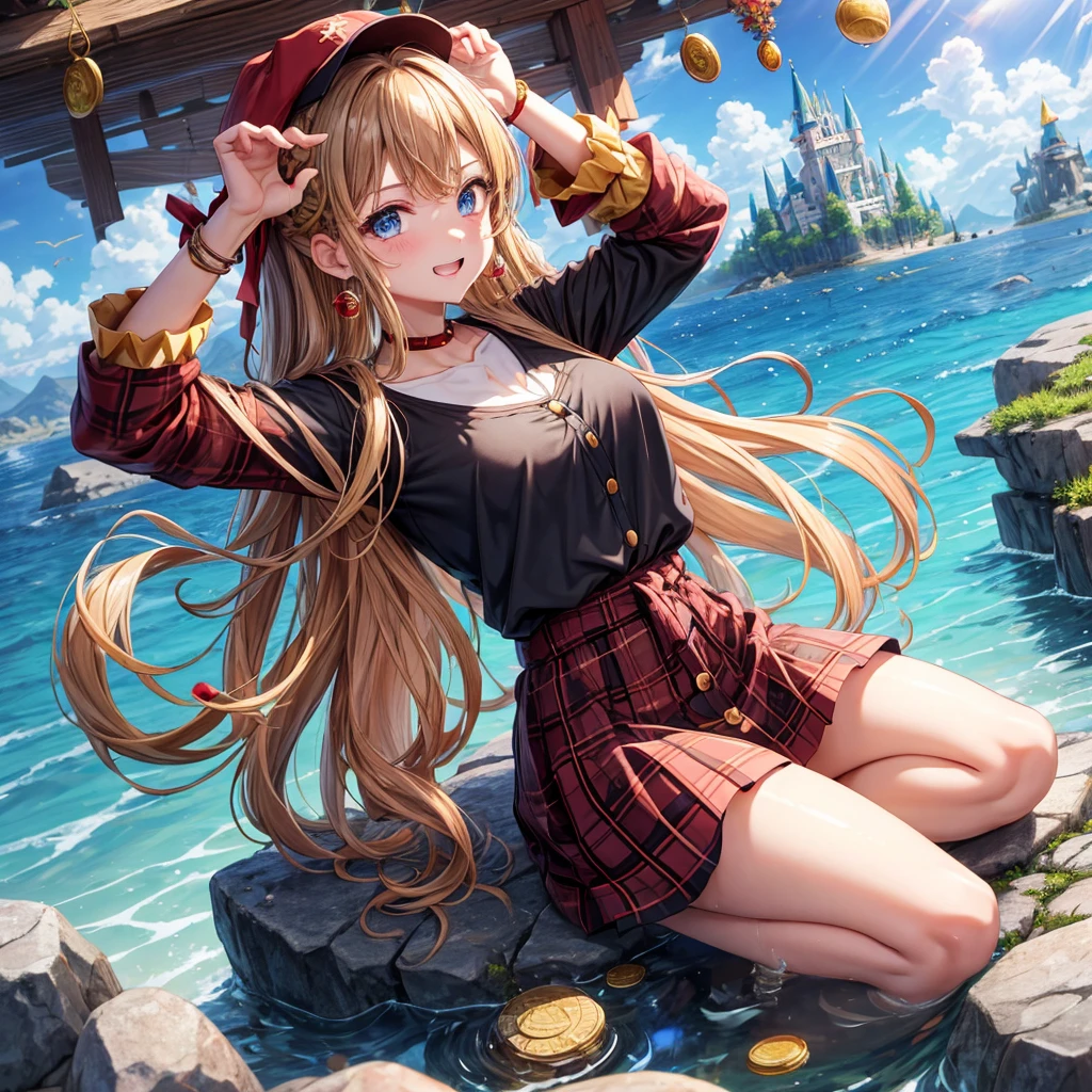 reddish-brown blonde、blue eyes、Braid、ponytail、one good looking girl、solo、anime、Plaid miniskirt、the skirt has buttons、camisole、black t-shirt、dress、Doing the ribbon、Ribbon at waist、cloak、Crystal Grotto、hood、desert、clouds are swirling、stone slabs are piled up、one hand raised、Wearing a baseball cap 、crystal earrings、sun、sitting、gold coins are falling、teeth are visible、splash of water、monster castle、have a world map、bow、Swing