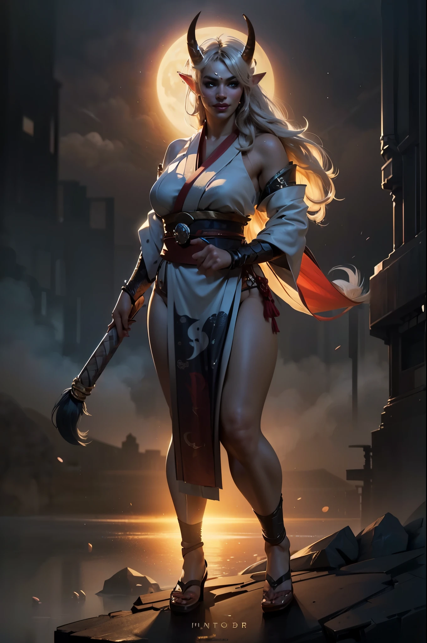Numerous award-winning masterpiece, with incredible detail, textures and maximum detail), (hyper realistic:1.4), (full-body standing image:1.6),(beautiful female oni warrior:1.7), (thick curvy and mature body yet muscular:1.5), (reddish fair skin tone:1.3), (wearing off shoulders kimono1.2), (long oni horns:1.44),(pointy ears)(white long hair blown by the wind:1.2) (wind effect)  (best quality real texture skin), (finely detailed true circle eyes), (finely Detailed and beautiful face that is out of this world:1.6), (The challenging look of the proud warrior), (She has serious gaze in  her eyes and a grin on her face:1.3), (Beautiful eyes that sparkle and shine), (Dramatic Light),(A majestic sight), (((dramatic photo))),(Sunny), ((dramatic pose)), (flamboyant photo), (golden hair),  epic realistic, faded, art, (art station:1.5), cinematic, ((neutral colors)), (hdr:1.5), (muted colors:1.2), hyper detailed, dramatic light, (intricate details:1.1), complex background,
