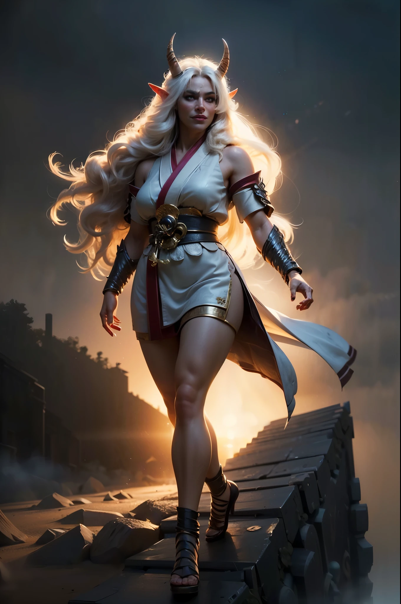 Numerous award-winning masterpiece, with incredible detail, textures and maximum detail), (hyper realistic:1.4), (full-body standing image:1.6),(beautiful female oni warrior:1.7), (thick curvy and mature body yet muscular:1.5), (reddish fair skin tone:1.3), (wearing off shoulders kimono1.2), (long oni horns:1.44),(pointy ears)(white long hair blown by the wind:1.8) (wind effect) ,(best quality real texture skin), (finely detailed true circle eyes), (finely Detailed and beautiful face that is out of this world:1.6), (The challenging look of the proud warrior), (She has serious gaze in her eyes and a grin on her face:1.3), (Beautiful eyes that sparkle and shine), (Dramatic Light),(A majestic sight), (((dramatic photo))),(Sunny), ((dramatic pose)), (flamboyant photo), (golden hair), epic realistic, faded, art, (art station:1.5), cinematic, ((neutral colors)), (hdr:1.5), (muted colors:1.2), hyper detailed, dramatic light, (intricate details:1.1), complex background,