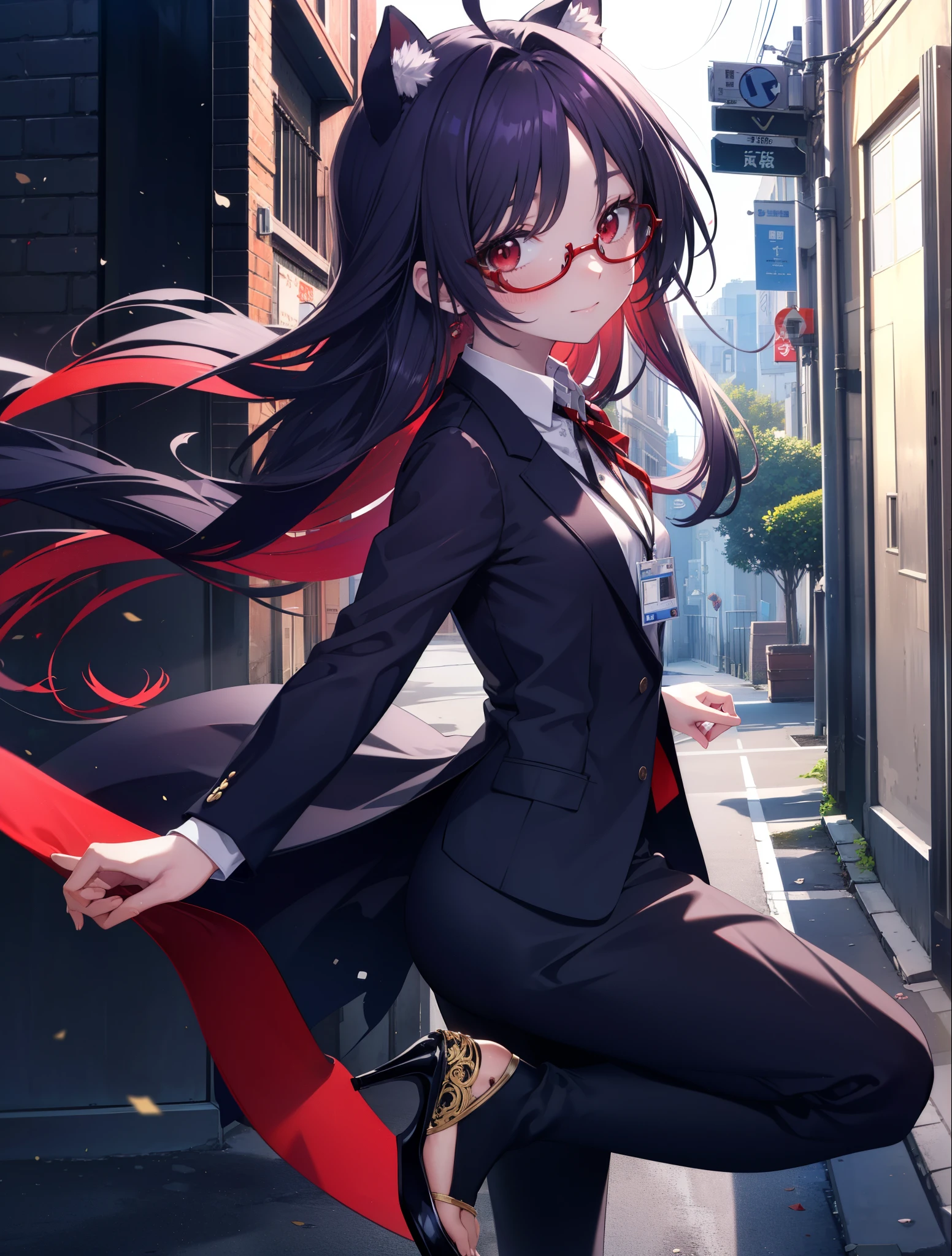 yuukikonno, Yuki Konno, hair band, long hair, purple hair, (red eyes:1.5), (small breasts:1.2), Ahoge,close your mouth,animal ears　dog ears,animal tail　dog tail,OL, red glasses, Fundo, black suit jacket, collared jacket, white dress shirt, collared shirt, neckline, button, strap, ID card on neck, black pencil skirt, black pantyhose, stiletto heels,place your arms behind your back,smile, blush, morning,morning日
break looking at viewer, 上から見下ろす
break outdoors, city,building street,
break (masterpiece:1.2), highest quality, High resolution, unity 8k wallpaper, (shape:0.8), (beautiful and detailed eyes:1.6), highly detailed face, Always thin fingers,perfect lighting, Very detailed CG, (perfect hands, perfect anatomy),