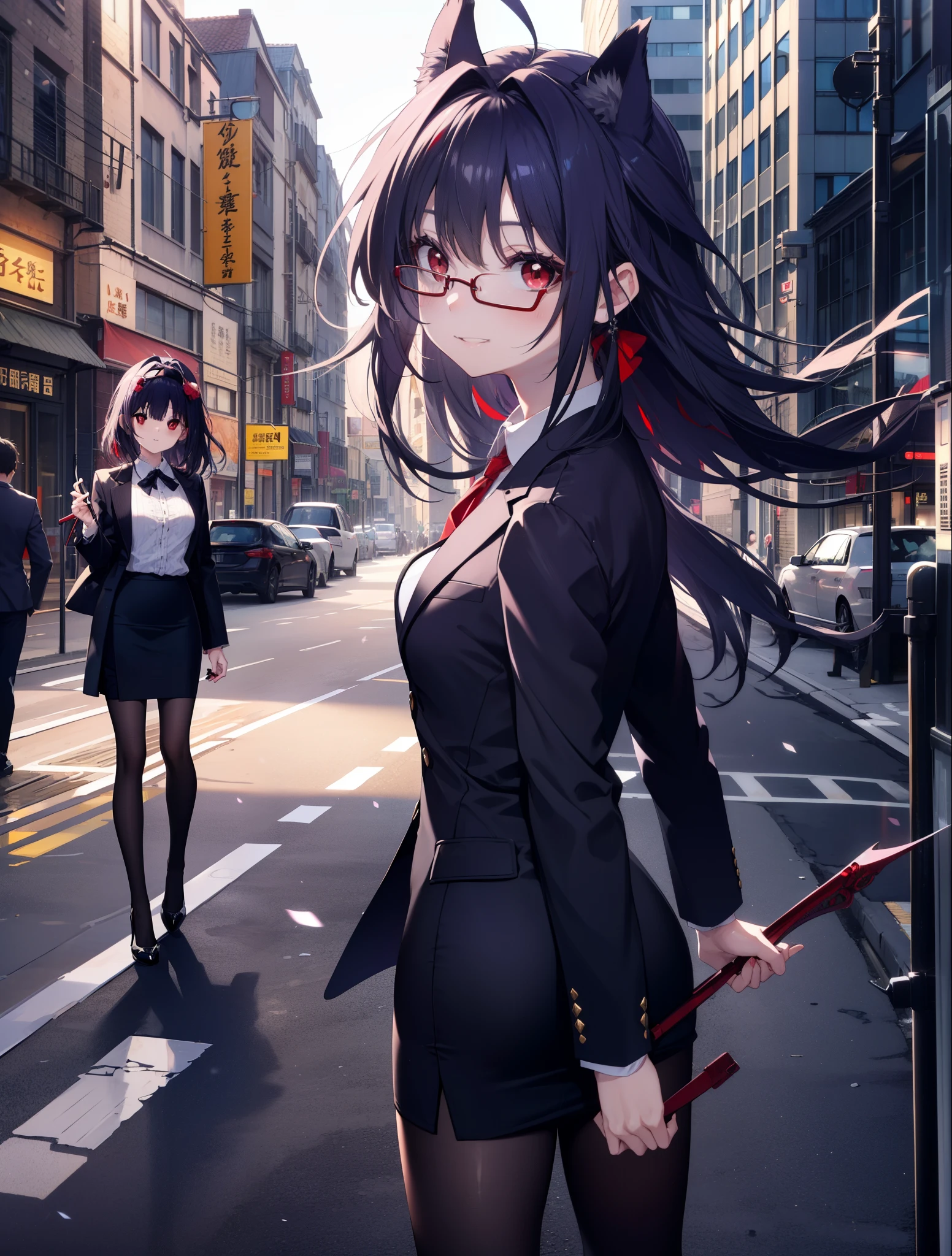 yuukikonno, Yuki Konno, hair band, long hair, purple hair, (red eyes:1.5), (small breasts:1.2), Ahoge,close your mouth,animal ears dog ears,animal tail dog tail,OL, red glasses, Fundo, black suit jacket, collared jacket, white dress shirt, collared shirt, neckline, button, strap, ID card on neck, black pencil skirt, black pantyhose, stiletto heels,place your arms behind your back,smile, blush, morning,morning日
break looking at viewer, 上から見下ろす
break outdoors, city,building street,
break (masterpiece:1.2), highest quality, High resolution, unity 8k wallpaper, (shape:0.8), (beautiful and detailed eyes:1.6), highly detailed face, Always thin fingers,perfect lighting, Very detailed CG, (perfect hands, perfect anatomy),