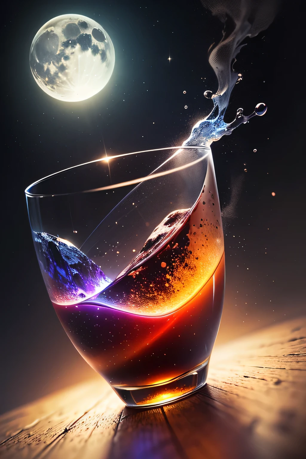 moon in glass The background is space colorful light particles High quality, high resolution fantasy