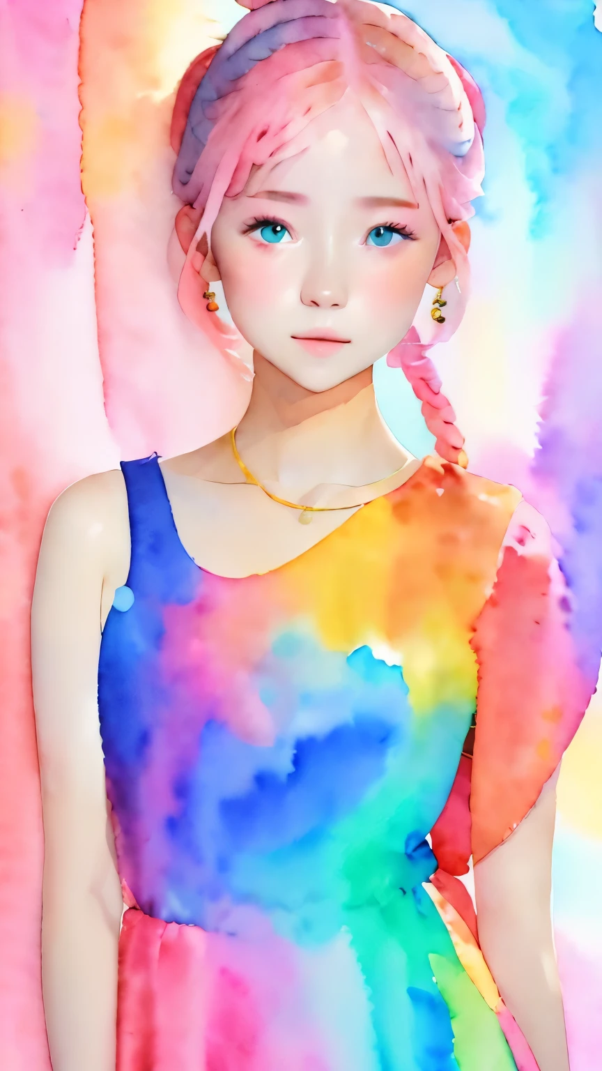 (((Bright colored watercolor style background:1.2)))、one girl、16talent、anatomy、small face、small、small鼻、Pale pink eyes、Loosely braided low ponytail、light pink hair、small breasts、black dress open neck dress、random pose、highest quality、High resolution、High resolution、cinematic lighting、professional photographer、