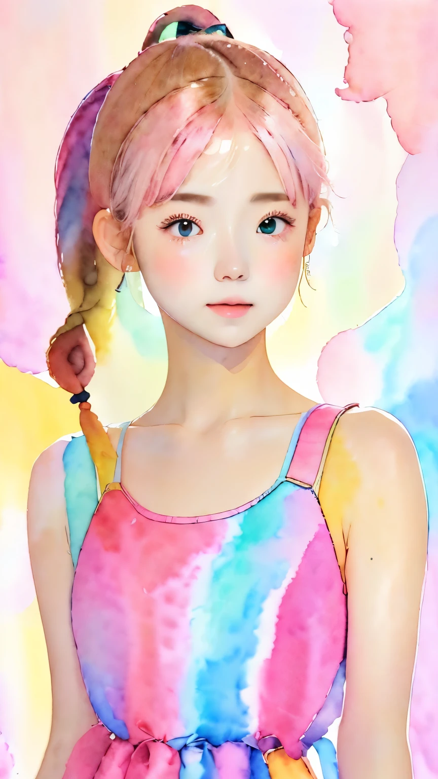 (((Bright colored watercolor style background:1.2)))、one girl、16talent、anatomy、small face、small、small鼻、Pale pink eyes、Loosely braided low ponytail、light pink hair、small breasts、black dress open neck dress、random pose、highest quality、High resolution、High resolution、cinematic lighting、professional photographer、
