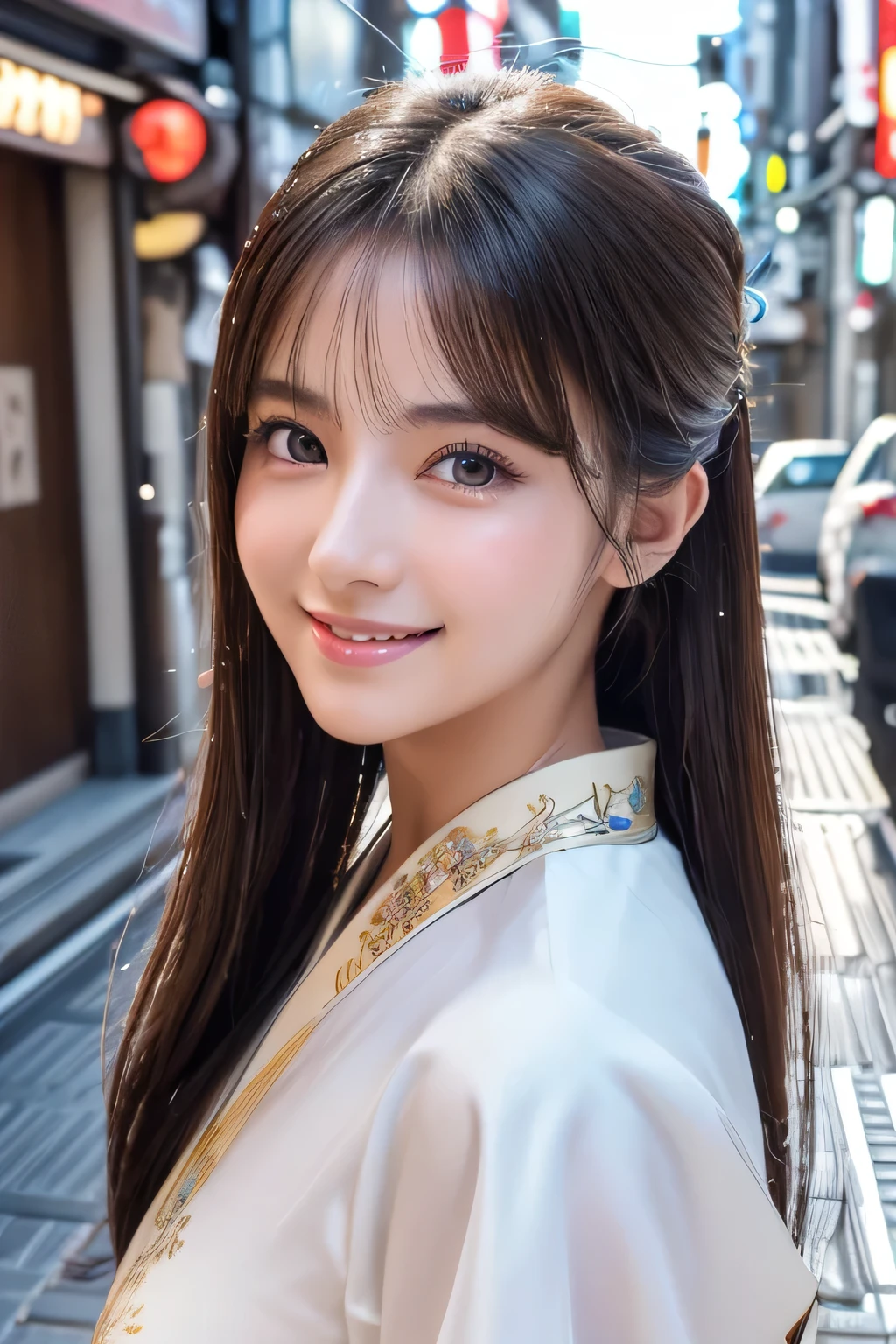 8K, masterpiece, RAW photo, highest quality, realistic, Highly detailed CG Unity 8K wallpaper, Depth of written boundary, cinematic light, Lens flare, ray tracing, (very beautiful face, beautiful lips, beautiful eyes), ((beautiful furisode、Showa era Tokyo cityscape:1.3))、face with intricate details, ((super dense skin)) , 1 girl, big breasts, pretty girl, (big smile:1.3), clear eyes, (white skin), (Big eyes), (brown hair), very slim, 25 years old、black haired、slight smile, (best illustrations), (beautiful and detailed eyes),26 years old, big breasts, 1 hour drawing challenge, wet sweat, looking at the audience
