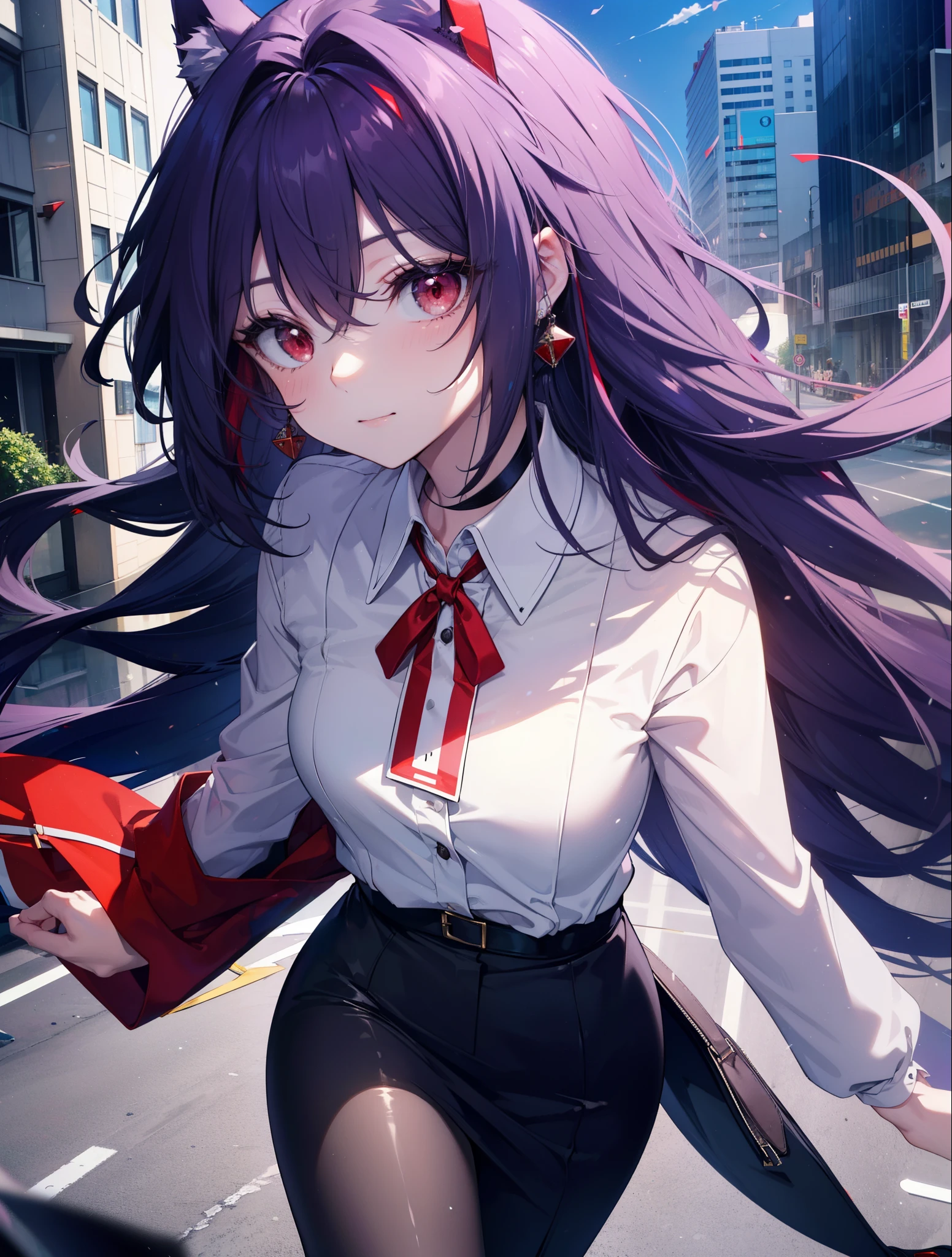 yuukikonno, Yuki Konno, hair band, long hair, purple hair, (red eyes:1.5), (small breasts:1.2), Ahoge,close your mouth,animal ears dog ears,animal tail dog tail,OL, red glasses, Fundo, black suit jacket, collared jacket, white dress shirt, collared shirt, neckline, button, strap, ID card on neck, black pencil skirt, black pantyhose, stiletto heels,place your arms behind your back,smile, blush, morning,morning日
break looking at viewer, 上から見下ろす
break outdoors, city,building street,
break (masterpiece:1.2), highest quality, High resolution, unity 8k wallpaper, (shape:0.8), (beautiful and detailed eyes:1.6), highly detailed face, Always thin fingers,perfect lighting, Very detailed CG, (perfect hands, perfect anatomy),