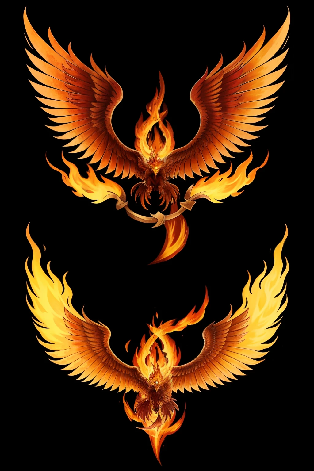 logo Phoenix tattoo, flying, made of fire, wings shedding flames