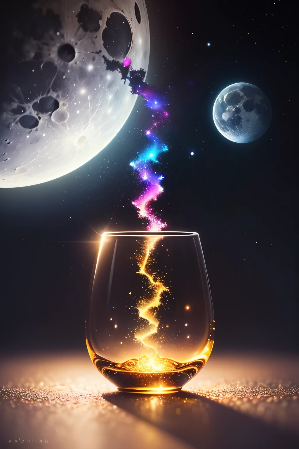 moon in the glass　The background is space　colorful particles of light　High quality high resolution fantasy　