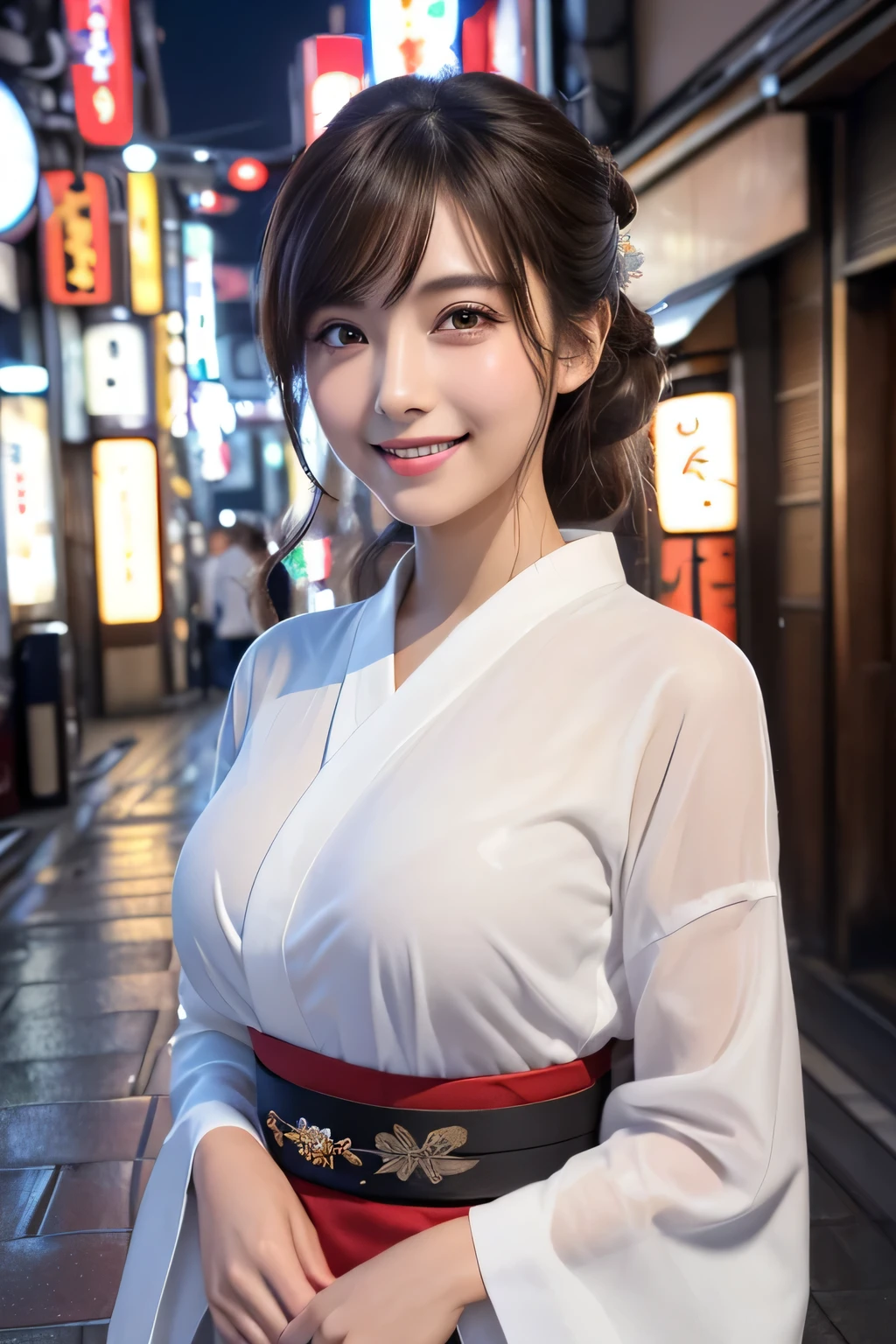 Summer festival stalls , Highest quality, shape, Very detailed, In detail, High resolution, 8k wallpaper, Perfect dynamic composition, Beautiful details, Natural Lip, Cute yukata, Big Breasts, She is smiling in a cute pose.., A masterpiece of the whole body, Full Body Shot