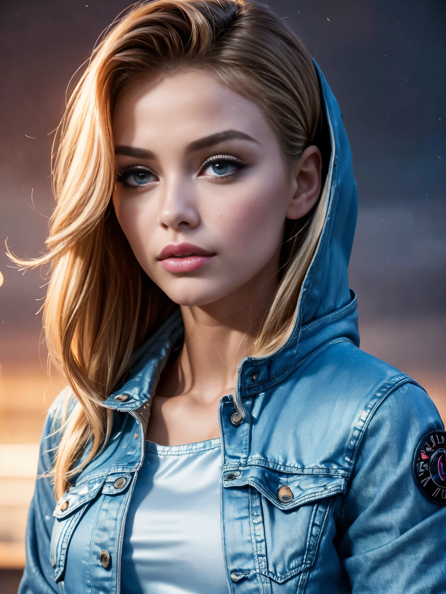 An ultra hot gorgeous European woman, age23. She’s a playmate, men magazine model. Random hair colors, random eyes colors  (((satin romper))), ((((denim jacket)))), snowy background, northern lights, seductive look, cinematic, Outside, winter starry night. Northern lights.
Perfect anatomy, perfect hair, perfect breast, perfect body, perfect hands, perfect face, perfect eyes, accurate, anatomically correct, perfect clear and crisp focus, UHD, masterpiece, ((blurry background))