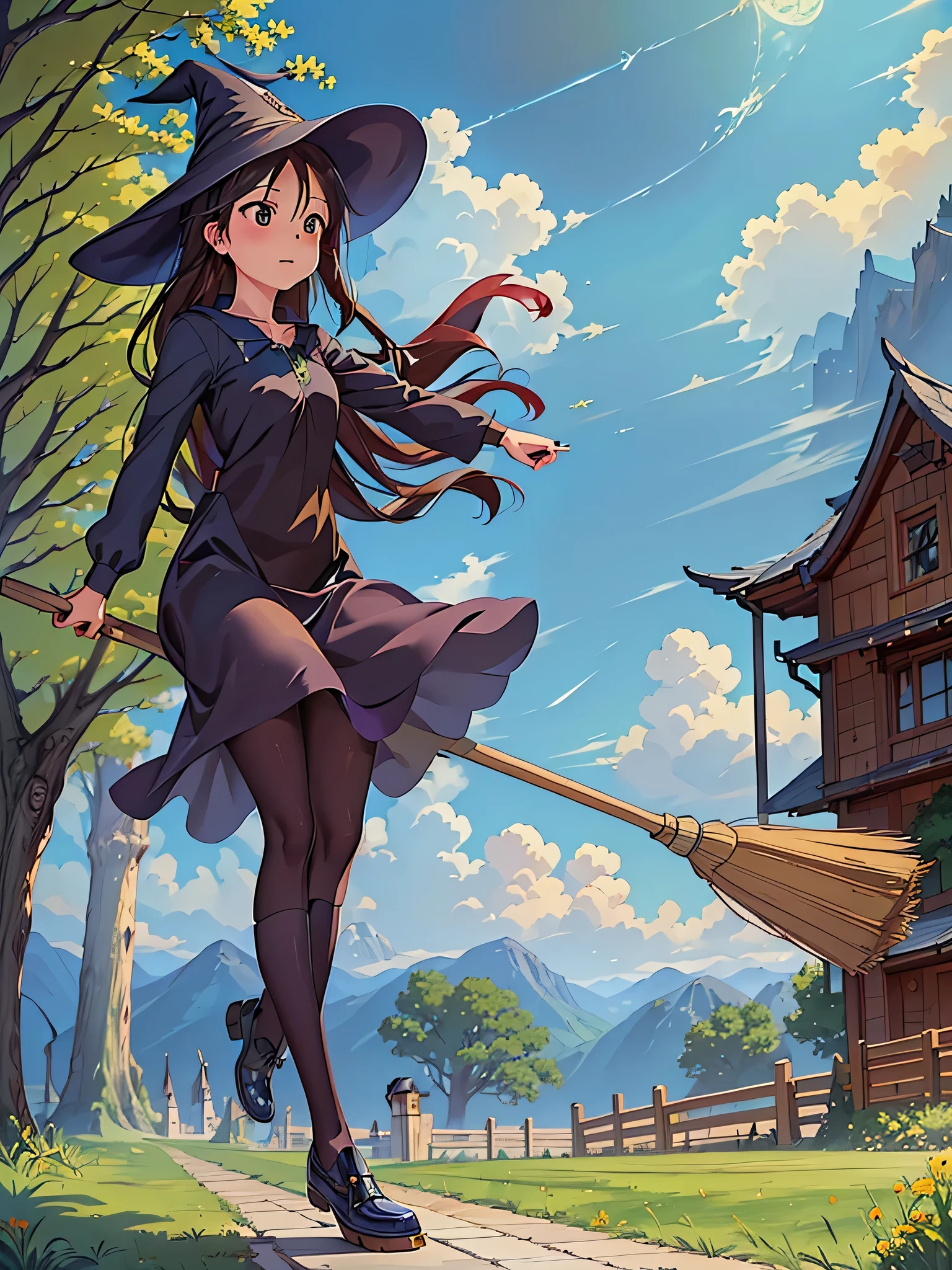 (masterpiece, highest quality:1.2),1 girl,perfect face,cute, ((((flying witch))),((Ride a broom)),broom flight,Straddling the broom,anatomically correct,masterpiece,highest quality,最高masterpiece,8K,,Wind,fantasy,,wonderful,, Mysterious, Charm, Whimsical, playful, adventurous, free, wonder, imagine, decide, skill, speed, movement, energy, realism, naturalistic, figurative, represent, beauty, fantasy culture, myth, fairy tale, folklore, Legend, witch, wizard, Magical creatures, fantasy worlds, composition, scale, Zenikichi, midway point, background, perspective, light, color, texture, become familiar with, beauty, wonder.