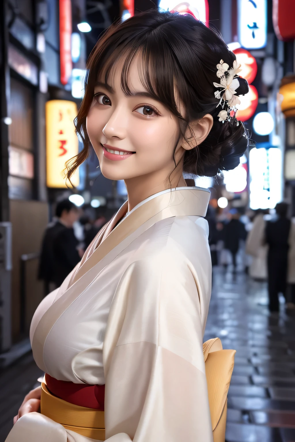 8K, masterpiece, RAW photo, highest quality, realistic, Highly detailed CG Unity 8K wallpaper, Depth of written boundary, cinematic light, Lens flare, ray tracing, (very beautiful face, beautiful lips, beautiful eyes), ((beautiful kimono、Showa era Tokyo cityscape:1.3))、face with intricate details, ((super dense skin)) , 1 girl, big breasts, pretty girl, (big smile:1.3), clear eyes, (white skin), (Big eyes), (brown hair), very slim, 25 years old、black haired、slight smile,  (best illustrations), (beautiful and detailed eyes),26 years old, big breasts, 1 hour drawing challenge, wet sweat, looking at the audience