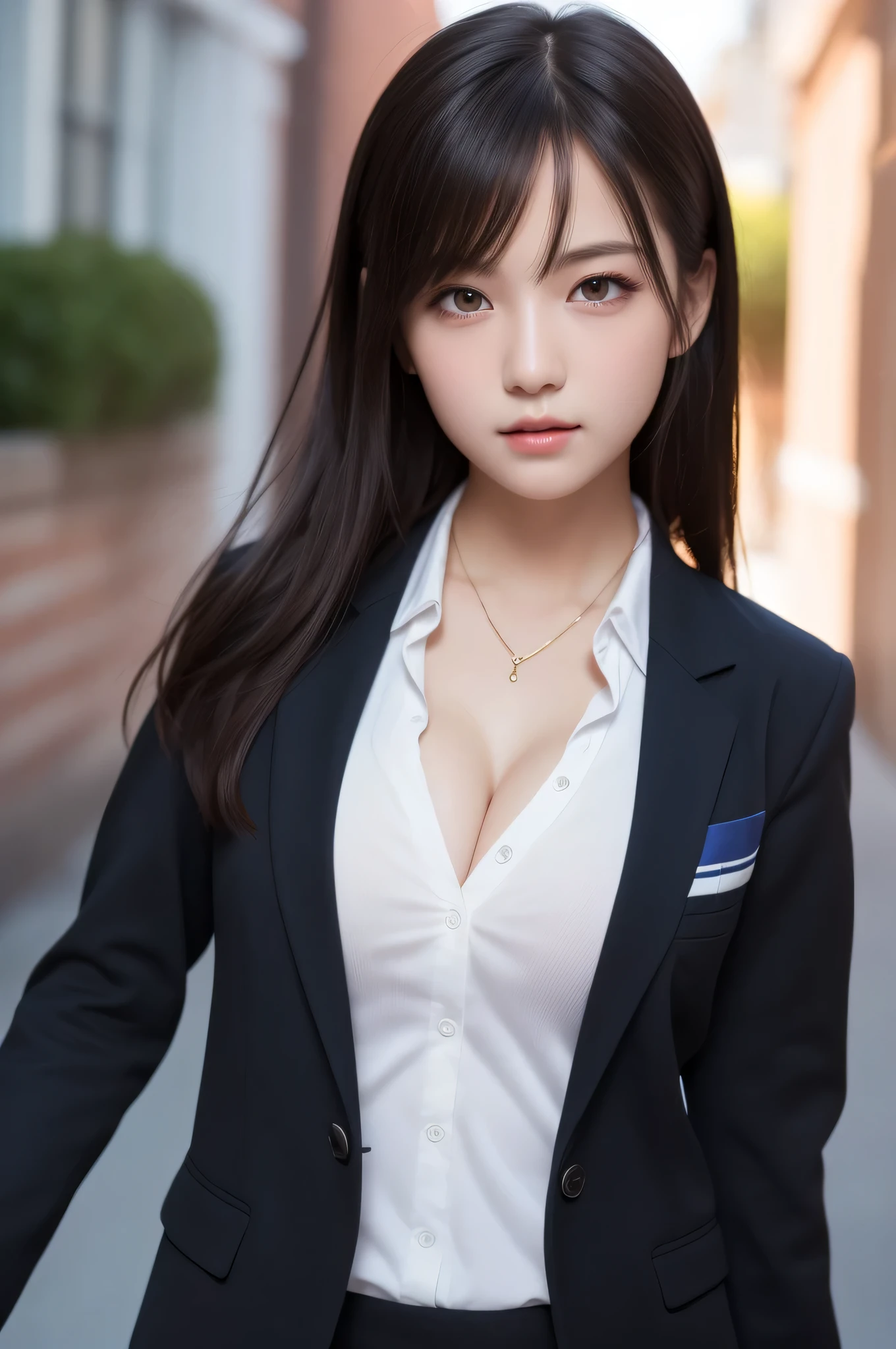 1 girl, (highest quality:1.4), (super detailed), (Highly detailed beautiful face), wonderful face and eyes, black eye, black hair, (school uniform, blazer:1.3),  (cleavage), Highly detailed CG integrated 8k wallpaper, High resolution raw color photos, professional photos, dynamic lighting, Depth of bounds written