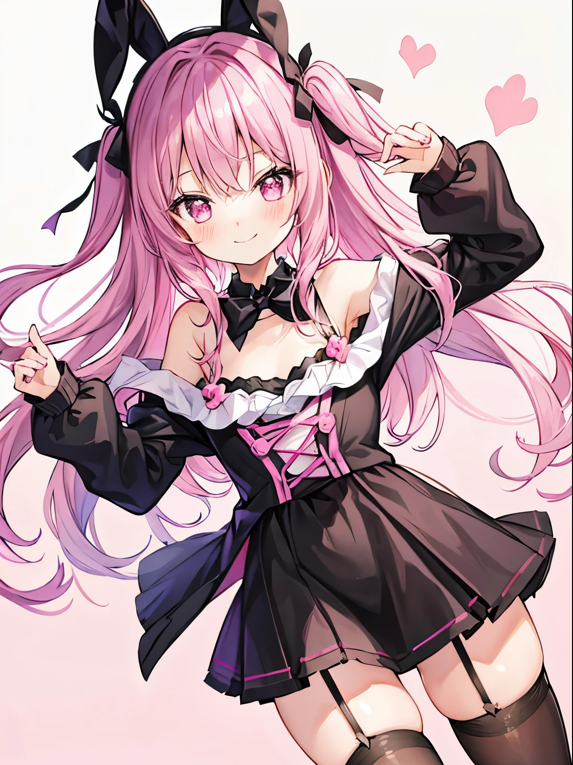 black Bunny girl , smile, Pink hair、PastelColors、Cute、blush, tiny chest, black tights