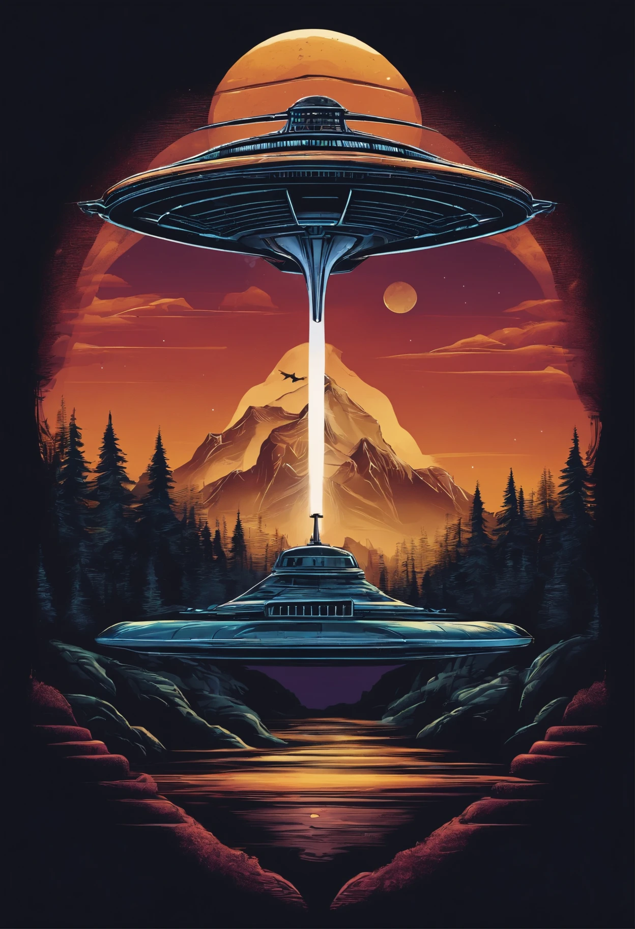 logo ,integrated residential alien ship Himmer driving in the mountains, high detail vector graphic on a t-shirt