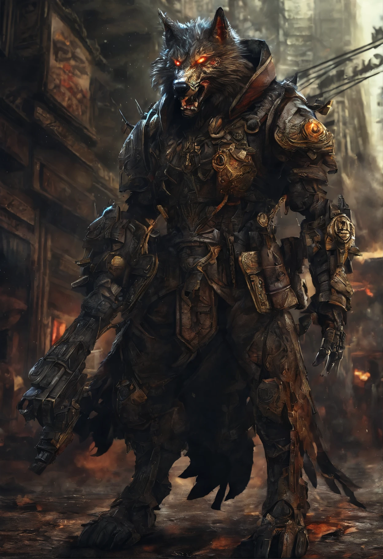 (((机械Wolf,Wolf,Wolf,animal,Wolf))),no humans,详细的Wolf,复杂的机械Wolf,robot animal, epic, Highly detailed full body of huge feral mecha dog, Sharp metal claws, Cannon mounted on the back, sleek armor, Luminous goggles, furry art, animal艺术, Furan affinity, sofori, (dynamic poses:1.0),focus only,(center,Scale to fit dimensions,rule of thirds), Seaside cyberpunk city at night, There are bright neon lights and dark stormy clouds and puddles, landscape:1.25, high resolution, sharp focus, (Super detailed, Very detailed), (realistic artwork:1.37),(Very detailed CG unity 8k wallpaper),((Synthwave background theme)),(((bright colors))),(intricate background),(masterpiece),(best quality),