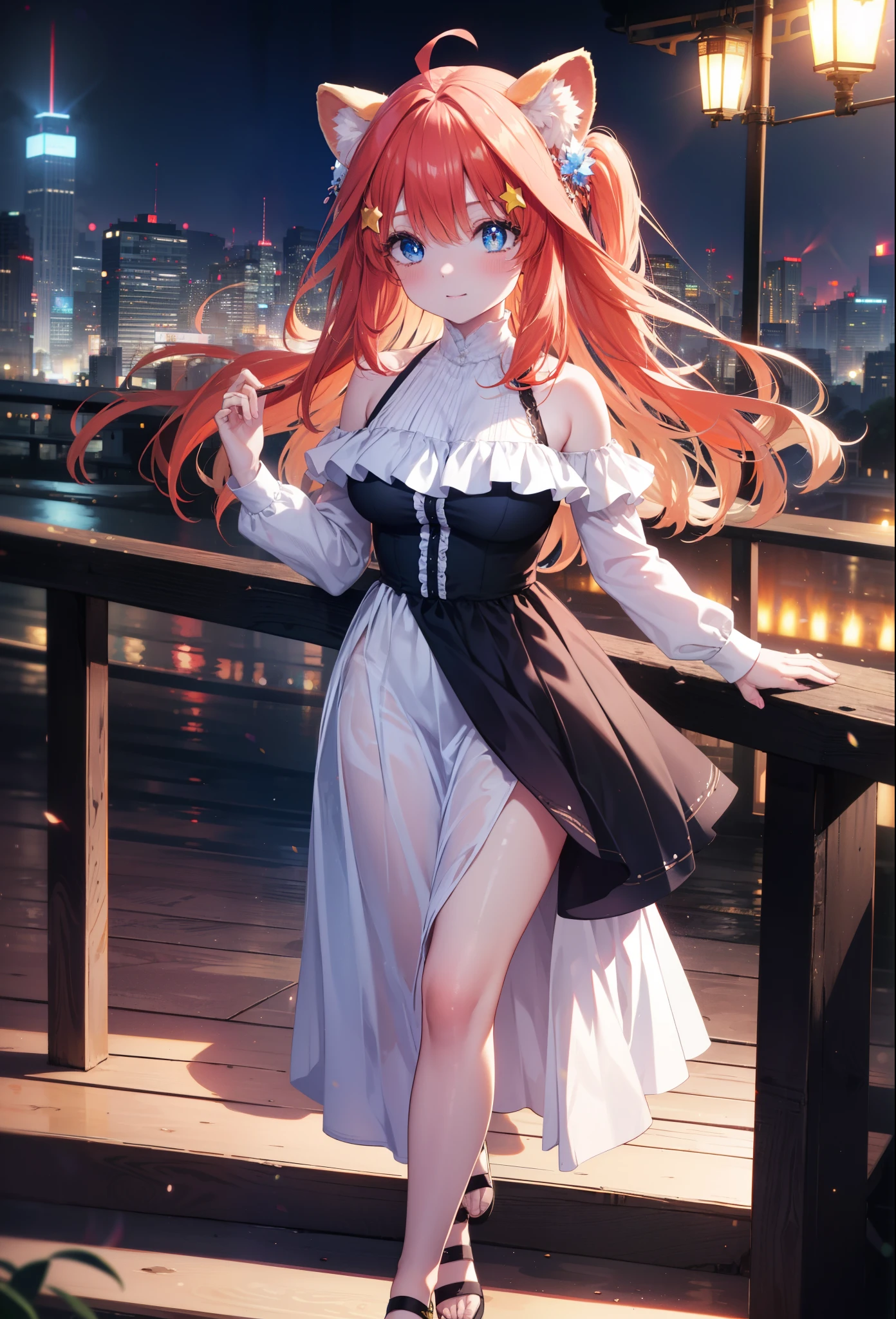 Satsuki Nakano, Itsuki Nakano, bangs, blue eyes, hair between eyes, Ahoge, redhead, star \(symbol\), hair ornaments, smile,blush,star hair ornaments,animal ears　 raccoon ears,animal tail 　Tanuki tail,bare shoulders,red official shoulder dress,long skirt,very sandals,turn around,city,Walking outdoors, city
壊す (masterpiece:1.2), highest quality, High resolution, unity 8k wallpaper, (shape:0.8), (beautiful and detailed eyes:1.6), highly detailed face, perfect lighting, Very detailed CG, (perfect hands, perfect anatomy),