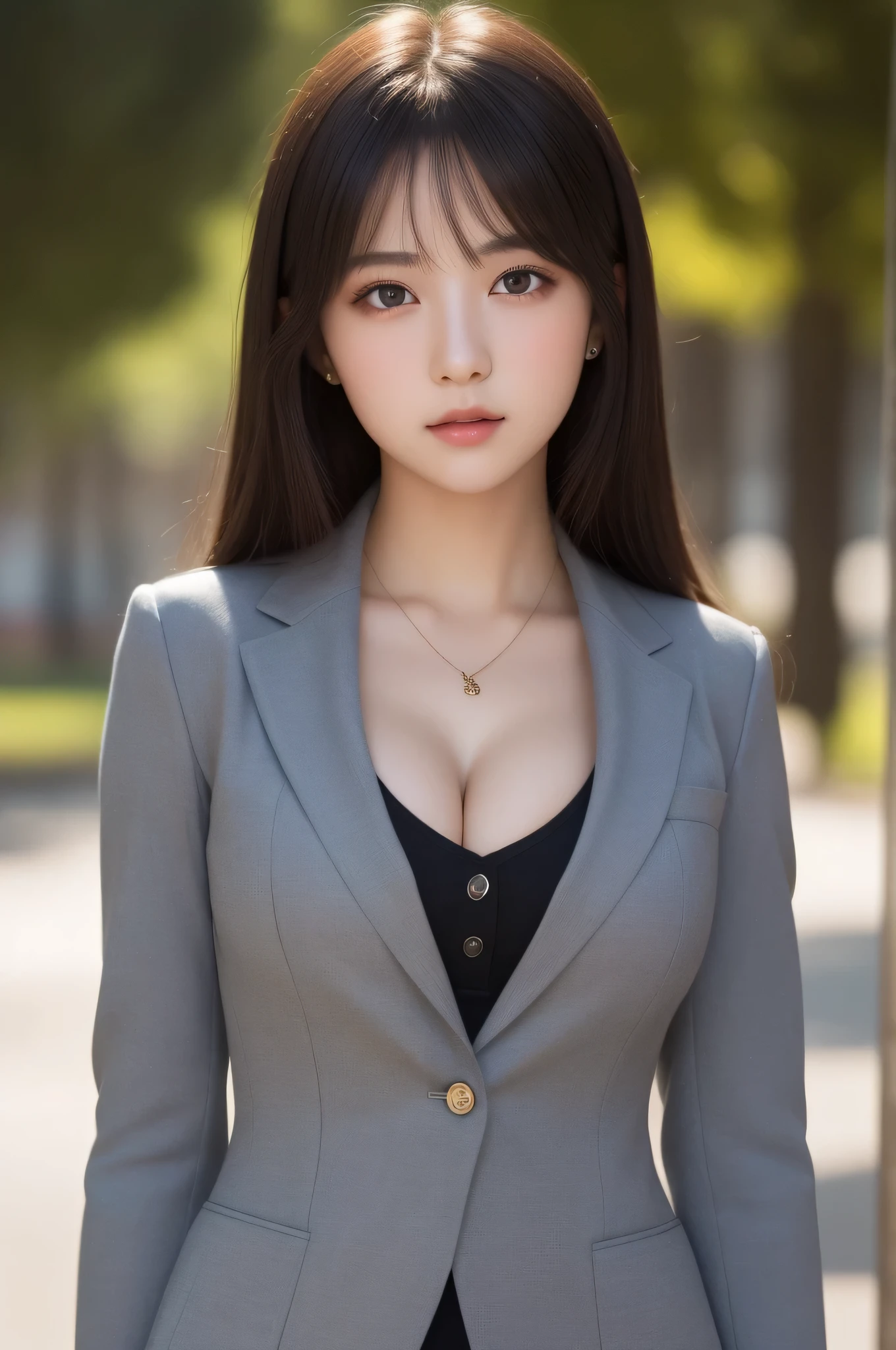 1 girl, (highest quality:1.4), (super detailed), (Highly detailed beautiful face), wonderful face and eyes, black eye, black hair, (school uniform, blazer, symbol), (cleavage), Smooth, Highly detailed CG integrated 8k wallpaper, High resolution raw color photos, professional photos, light, Backlight, dream-like, impressive, Depth of bounds written