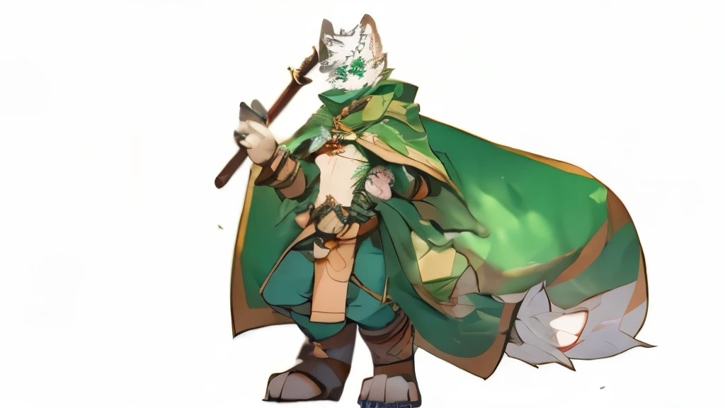 character design sheet,blank background,plant elements,magic,Dog orc with white hair all over his body,muscular,There are green patterns on the wrists,Green stripes on the tips and base of the ears,green eyes,Green eyebrows,Green shawl,green cloak,The bottom of the cloak is trimmed with white fleece,The inside of the cloak can hold potion bottles,木制藤条带着嫩芽编制成magic手杖,The top of the cane is a crystal ball,Brown snow boots with white fluff,green scarf
