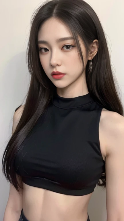 (Best Quality, 8K, 32K, Masterpiece, Ultra HD: 1.2), (K-Pop Idol: 1.3), 1 Girl, (Large: 1.2), (Longhair), Abs, Perfect Figure, Ultra Slender Face, Delicate Lips, Beautiful Eyes Double eyelids ((black crop top)) (pony)