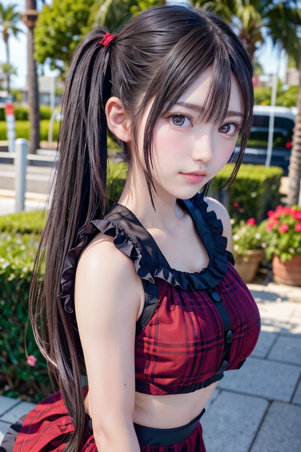 black pigtails, twin tails, trending on cgstation, twin tails hairstyle, beautiful gemini, , Trending on cgstation, wlop and sakimichan, Gwaites style artwork、(((red eyes)))、red check skirt、red blouse、