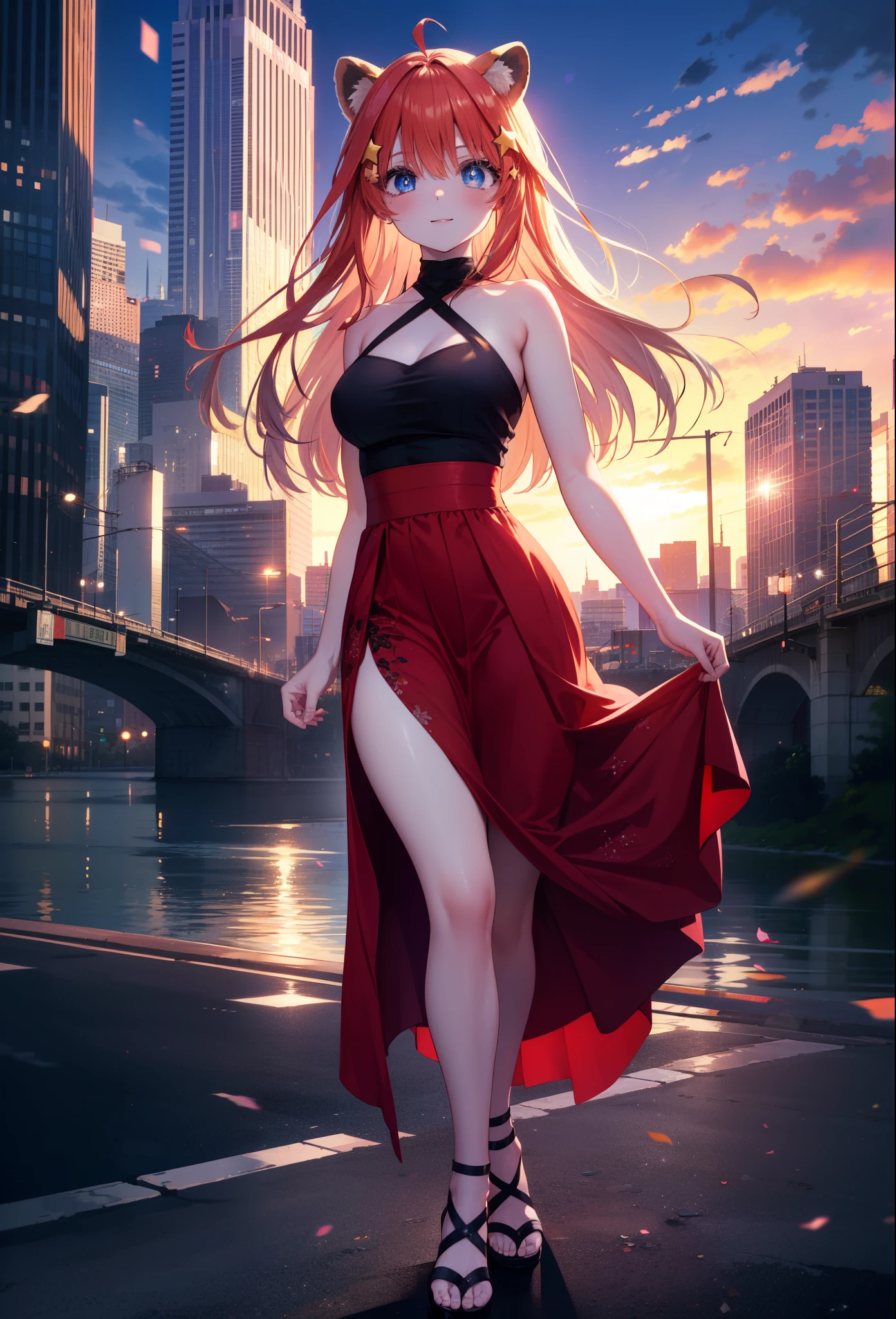 Satsuki Nakano, Itsuki Nakano, bangs, blue eyes, hair between eyes, Ahoge, redhead, star \(symbol\), hair ornaments, smile,blush,star hair ornaments,animal ears raccoon ears,animal tail Tanuki tail,bare shoulders,red official shoulder dress,long skirt,very sandals,turn around,city,Walking outdoors, city
壊す (masterpiece:1.2), highest quality, High resolution, unity 8k wallpaper, (shape:0.8), (beautiful and detailed eyes:1.6), highly detailed face, perfect lighting, Very detailed CG, (perfect hands, perfect anatomy),
