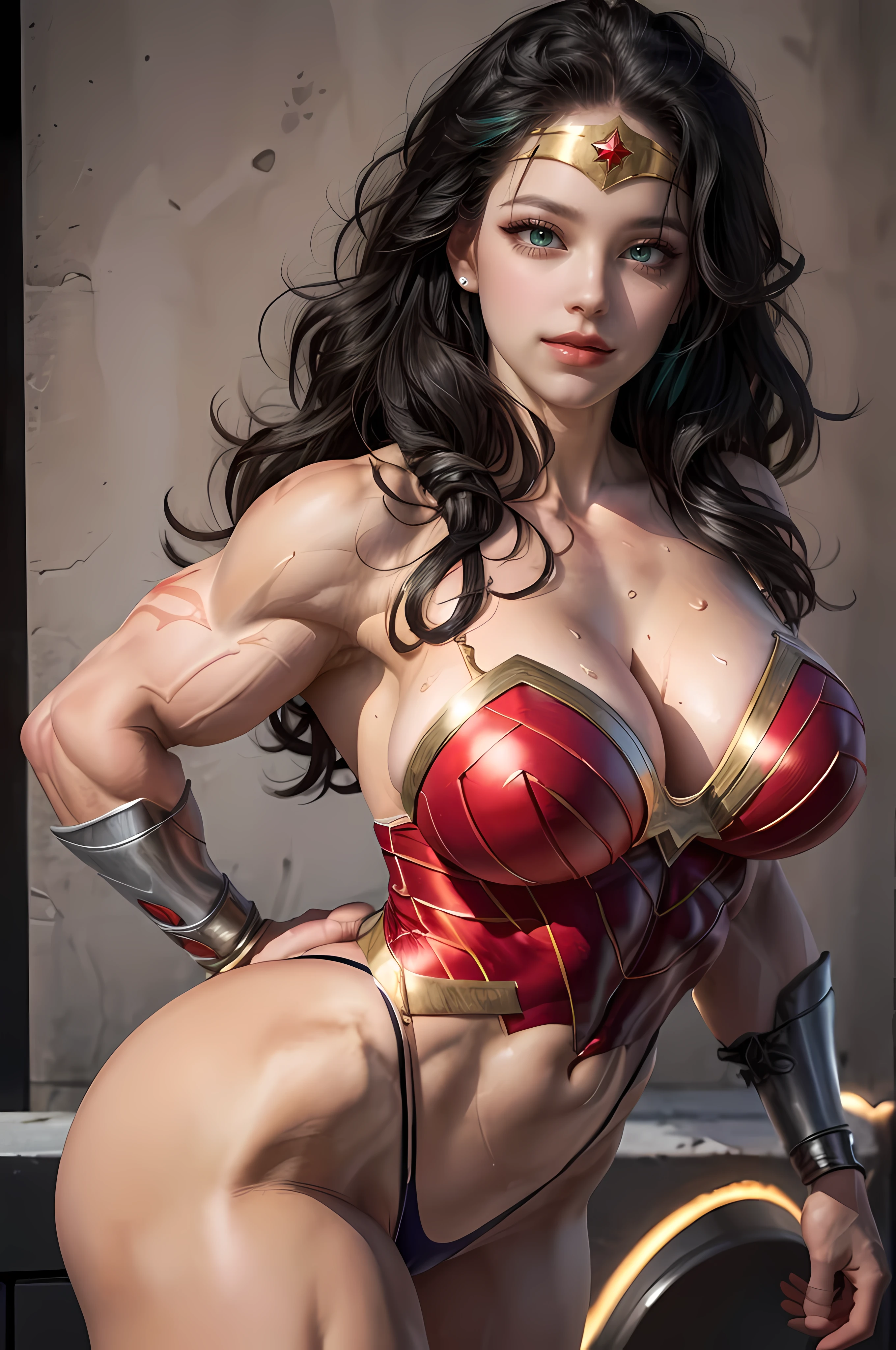 ((Masterpiece)), ((Best Quality)), ((Solo)), ((alone)), ((1girl)), Wonder Woman, (intricate details, makeup), (delicate and beautiful delicate face, delicate and beautiful delicate eyes, perfectly proportioned face), (realistically moist skin: 1.0), (drenched body: 0.5), (wet skin), wet hair, delicate skin, strong and realistic blue eyes, realistic black hair, lips, makeup, natural skin texture, tiara, jewelry, star \(symbol\), leotard, bulletproof gauntlet, red boots, golden girdle, (public clothing: 1.5), bare shoulders, slightly sunburned complexion, , sexy, ed muscles, (muscles:1.2), ((strong and healthy body)), ((((more) muscles))), long legs, curves, (big breashin waist, soft waist, (delicate skin), (beautiful and sexy woman), (swolleips: 0.9), very delicate muscles, standing,(realistic: 1.5), photorealistic, octane rendering, hyperrealistic, tight modeling, (photorealistic face: 1.2), thick eyelashes, long eyelashes, (curly dark hair: 1.1), best quality, half smile, (looking at the viewer), sharp focus, (4k), (masterpiece), (best quality), fantasy, extremely detailed, intricate, hyper detailed, (perfect face), illustration, soft lighting,(specular lighting:1.4), blue eyes, absurdly photorealistic, ultra high resolution, intricate, hyperdetailed, (skindentation), female, detailed body, (detailed face: 1.1), (outlined iris), (hydrocolor lenses), (perfect eyes), 4k, gorgeous, (masterpiece: 1.2), (best quality:1.2), ((NSFW)), (((accurate anatomy))), (((Huge breasts))), ((long legside hips)), ((((Muscular Quadriceps)))), (((((Massive Female Bodybuilder))))), (((((Huge Muscles)))))