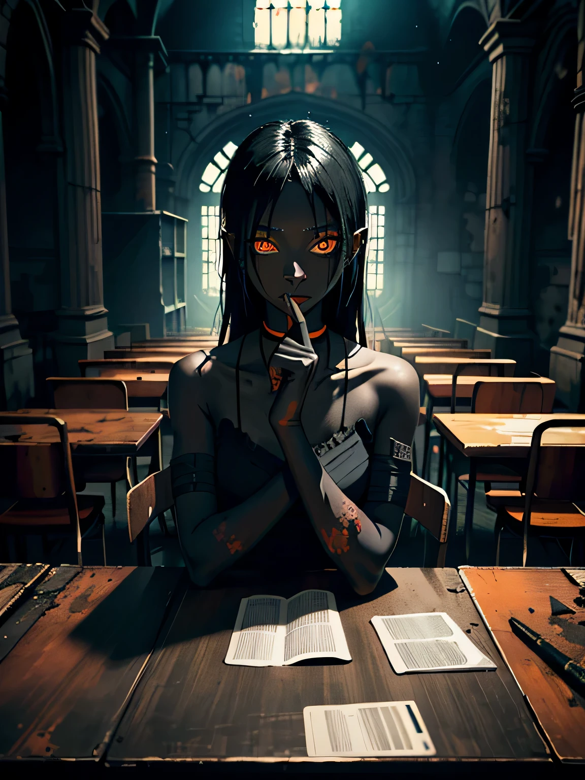 ((dark horror art)), dystopian art, hopeless art, beautiful demon girl, ((ash black skin)), (black skin), (dark black skin), black skin, (black glossy skin), sits on a chair, (closed pose), beautiful tired demon girl, beautiful hopeless demon girl, long black hair, many bandages, (lots of bandages), (rags), (short clothing), open belly, (chains), (hands on table), arms on table, (orange scars), dark devastated environment, abandoned church, forgotten dark fantasy city, highly detailed art, (highly detailed background)