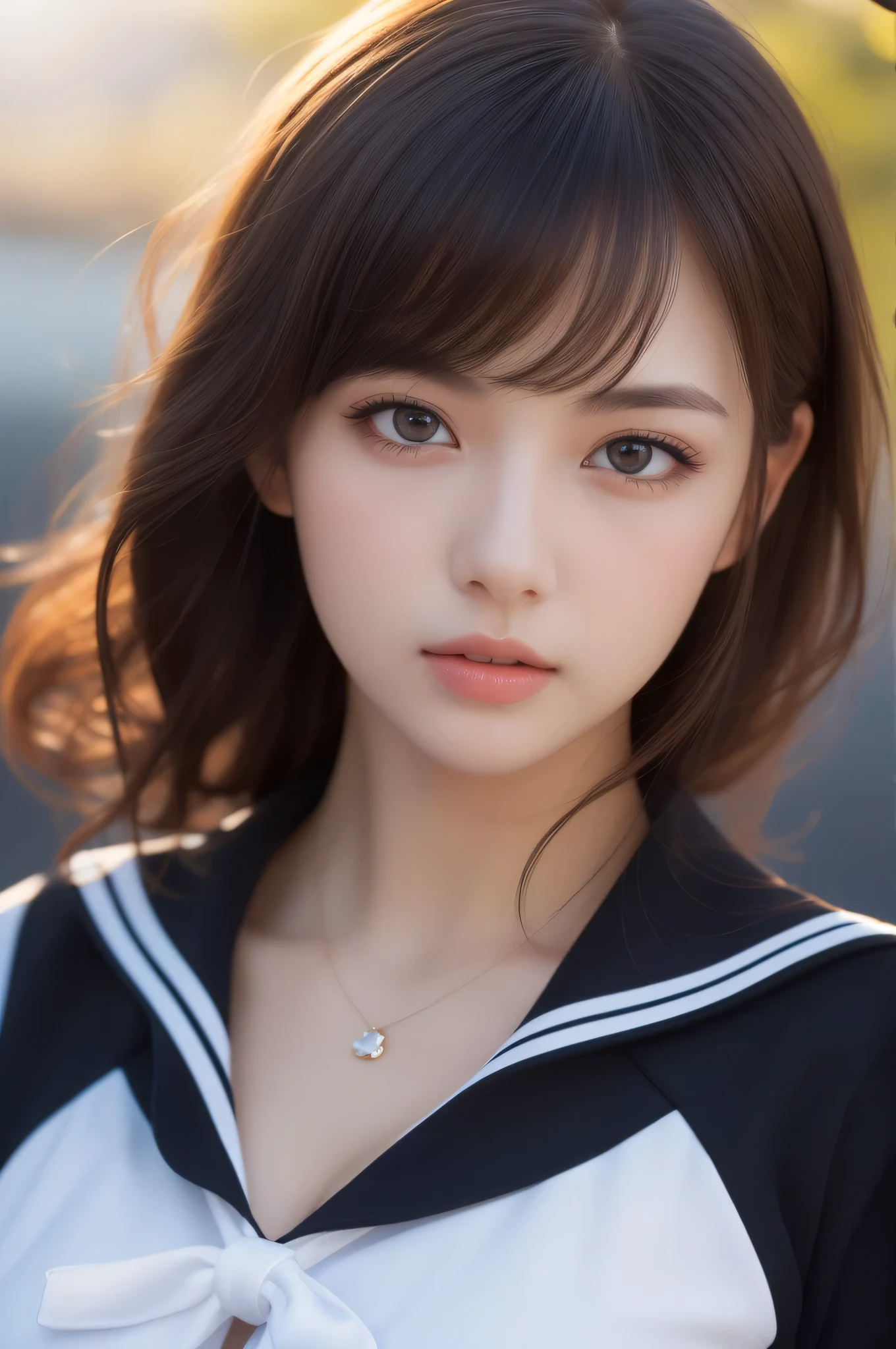 1 girl, (highest quality:1.4), (super detailed), (Highly detailed beautiful face), wonderful face and eyes, black eye, black hair, (sailor suit), (cleavage), Smooth, Highly detailed CG integrated 8k wallpaper, High resolution raw color photos, professional photos, light, Backlight, dream-like, impressive, Depth of bounds written