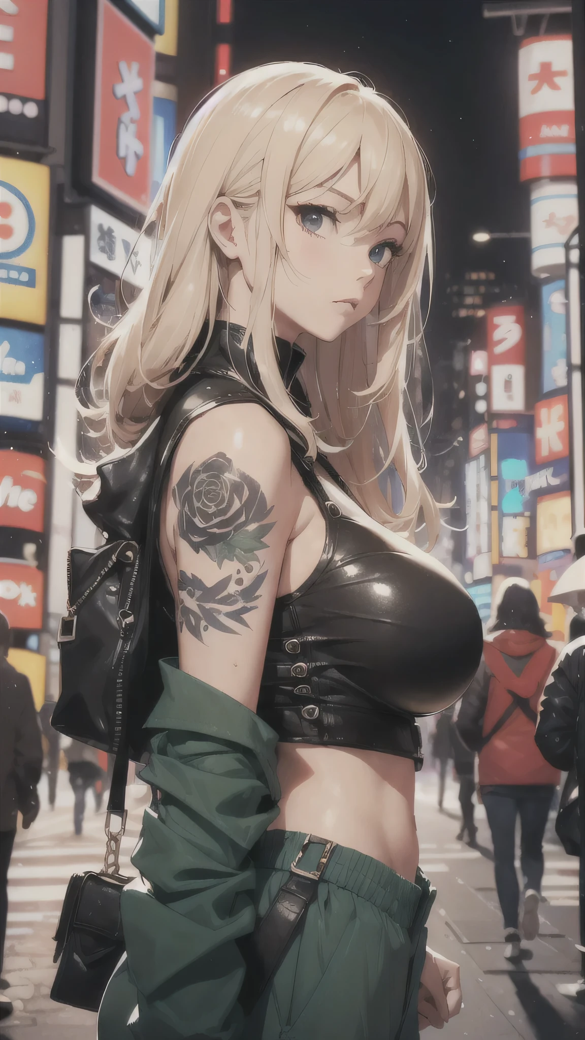 最high quality、best image quality、masterpiece、age girl((20-year-old、 By becoming、vest bust、medium bust,wide open breast tea、black eye, blonde hair、long hair、thin,highest valley、Rear view、topless、rose tattoo on back、green long pants)),high quality、beautiful art、background((Red smoke、Japan、Kabukicho at night))debris flies、Depth of written boundary、movie、visual art、perfect art、8K,genuine